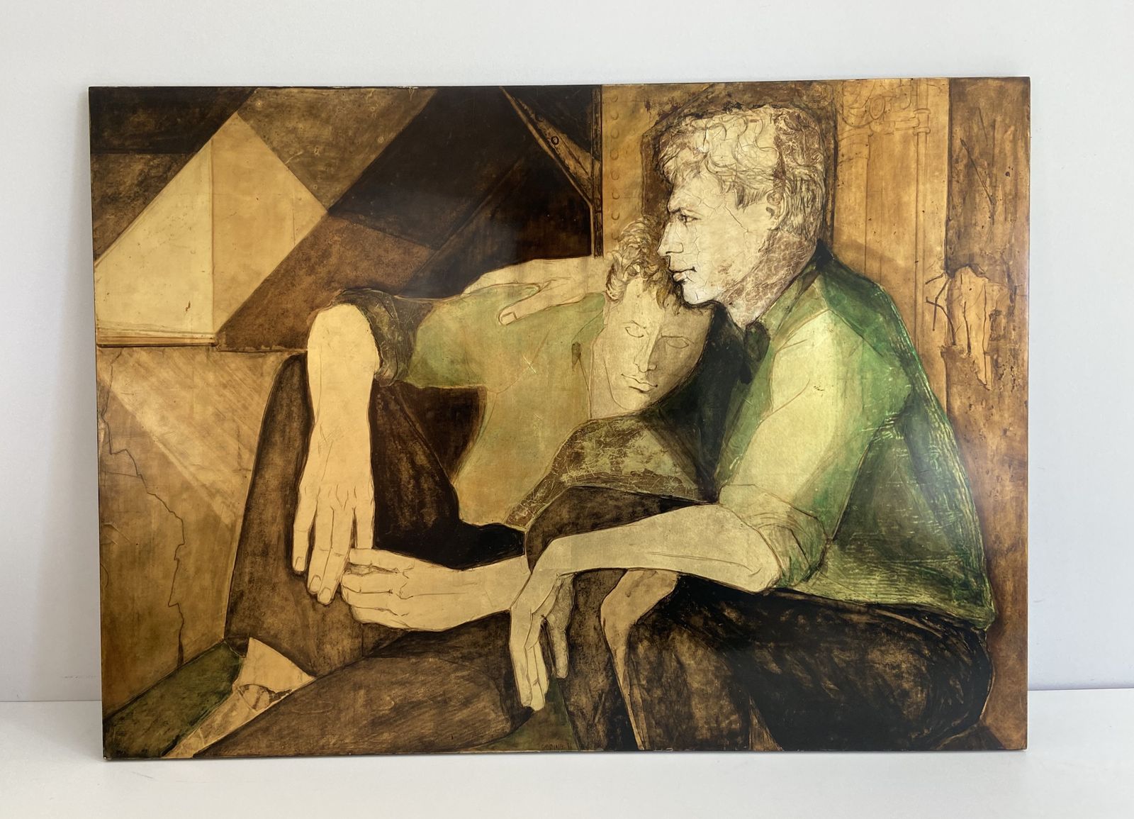 "The 2 Friends". Lacquered Panel Representing A Couple Of Young Men Signed Gobing. 1986 photo furniture