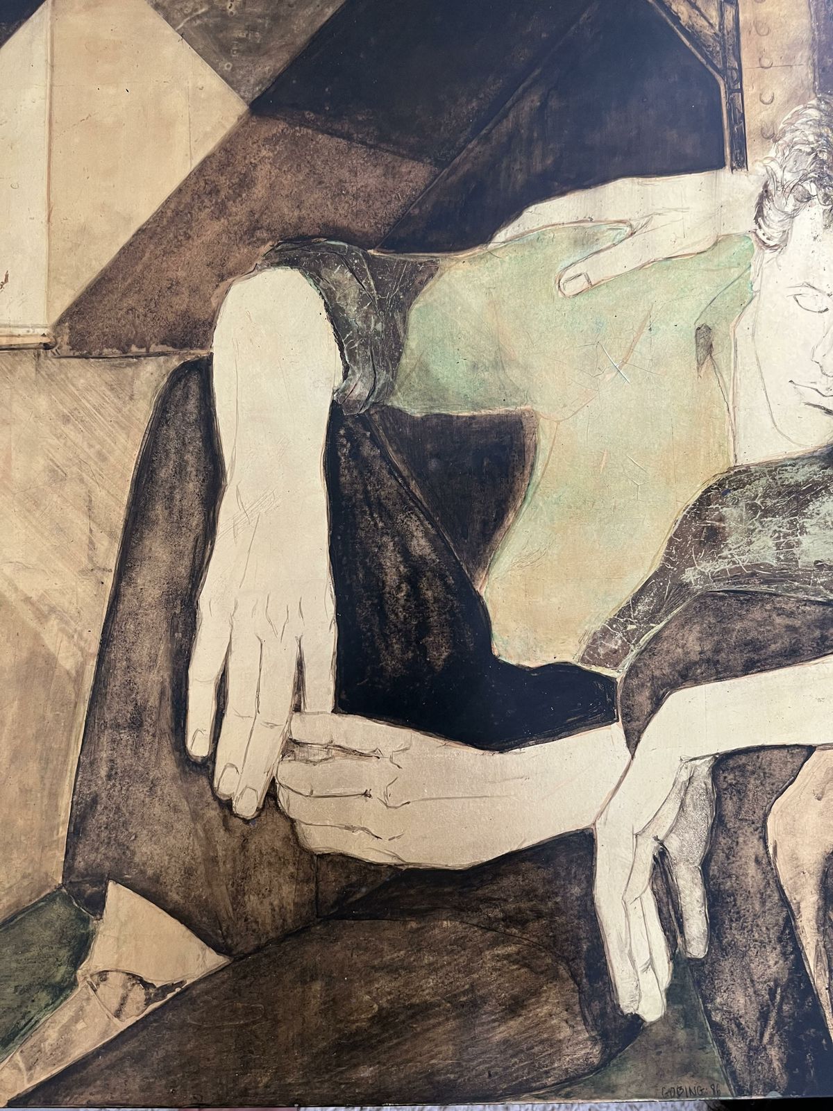 "The 2 Friends". Lacquered Panel Representing A Couple Of Young Men Signed Gobing. 1986 photo 2450.0