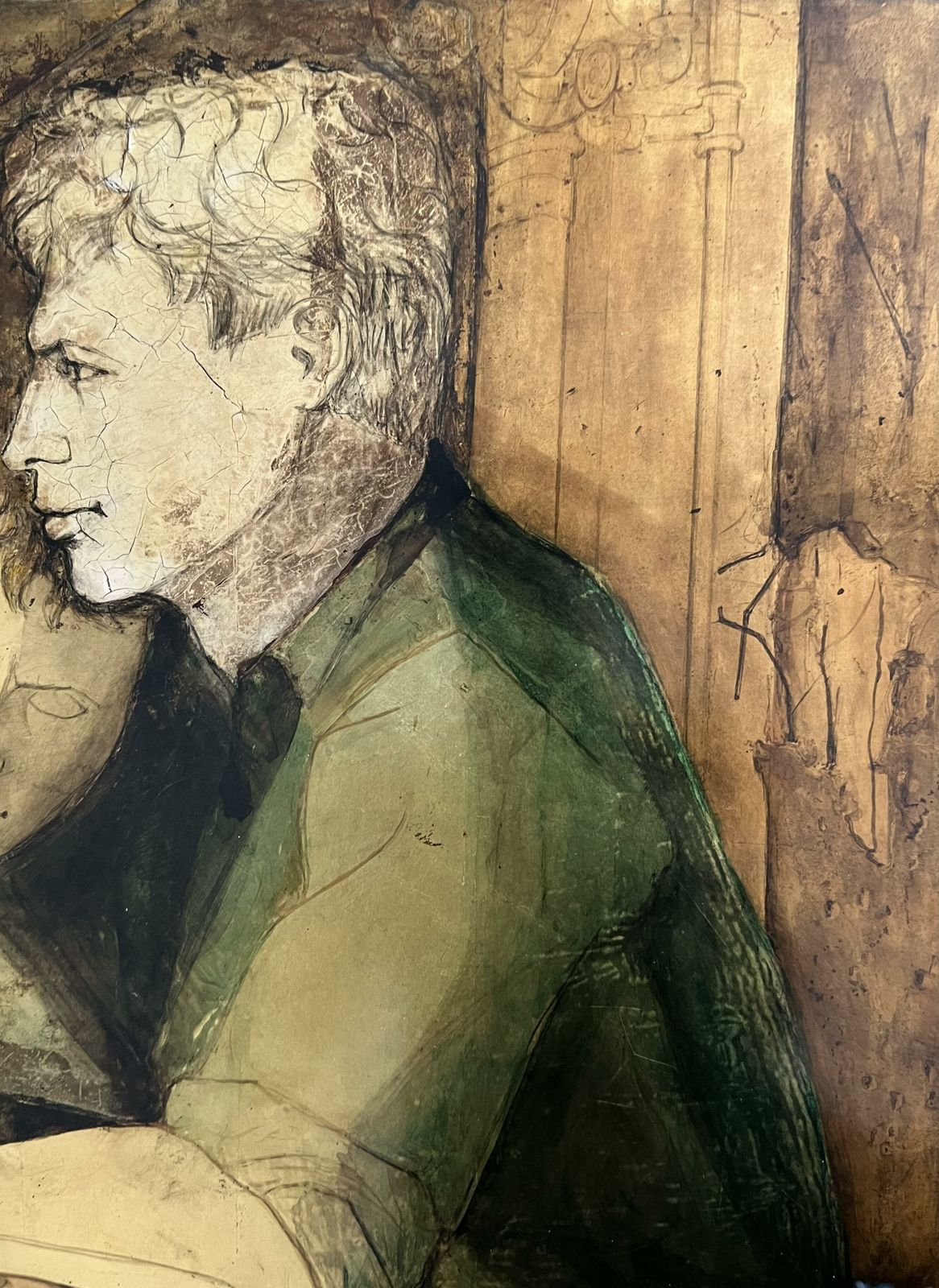 "The 2 Friends". Lacquered Panel Representing A Couple Of Young Men Signed Gobing. 1986 photo vinterior