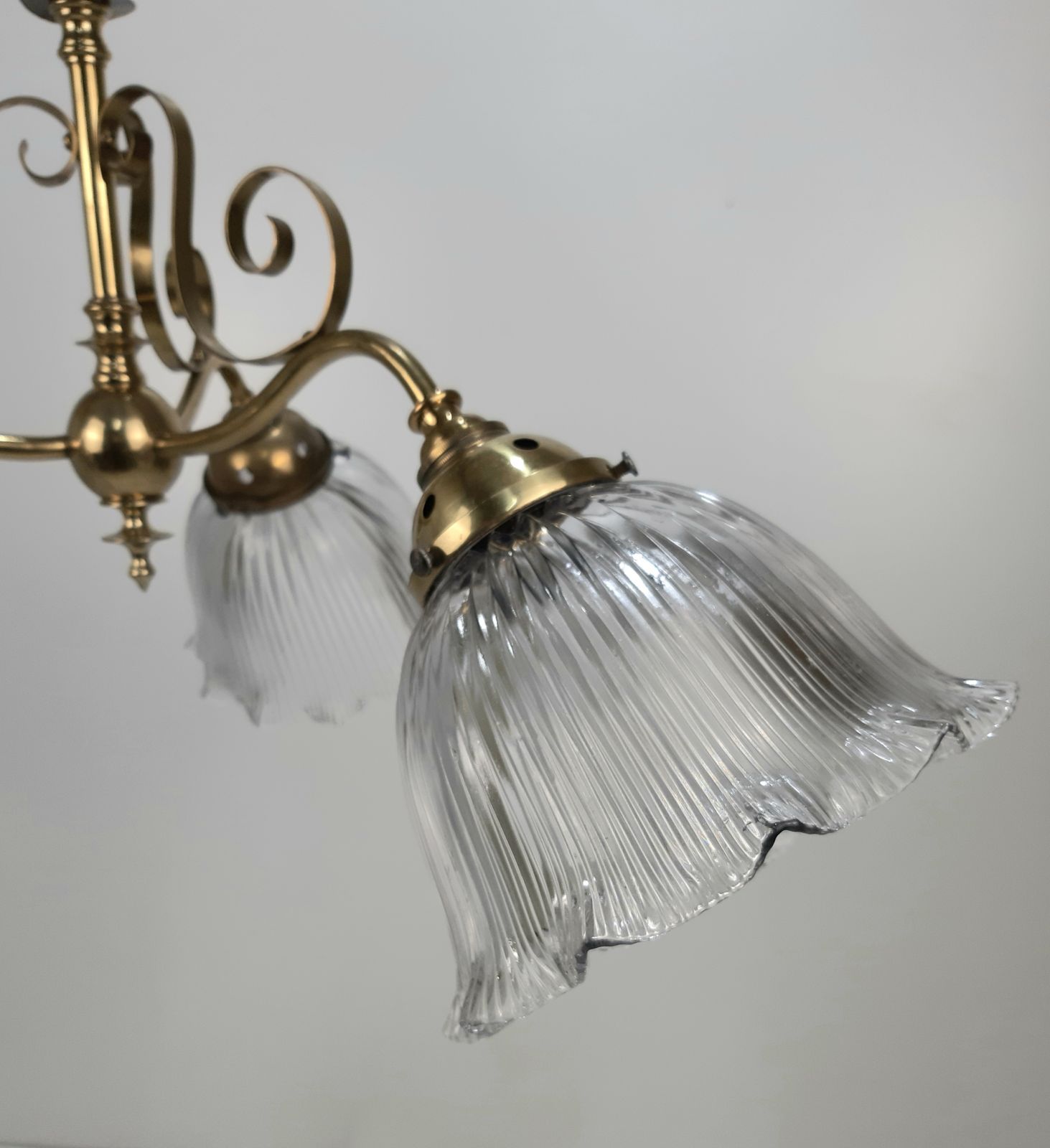 Antique Brass 3 Holophane Shaded Chandelier (Not Wired) photo for sale