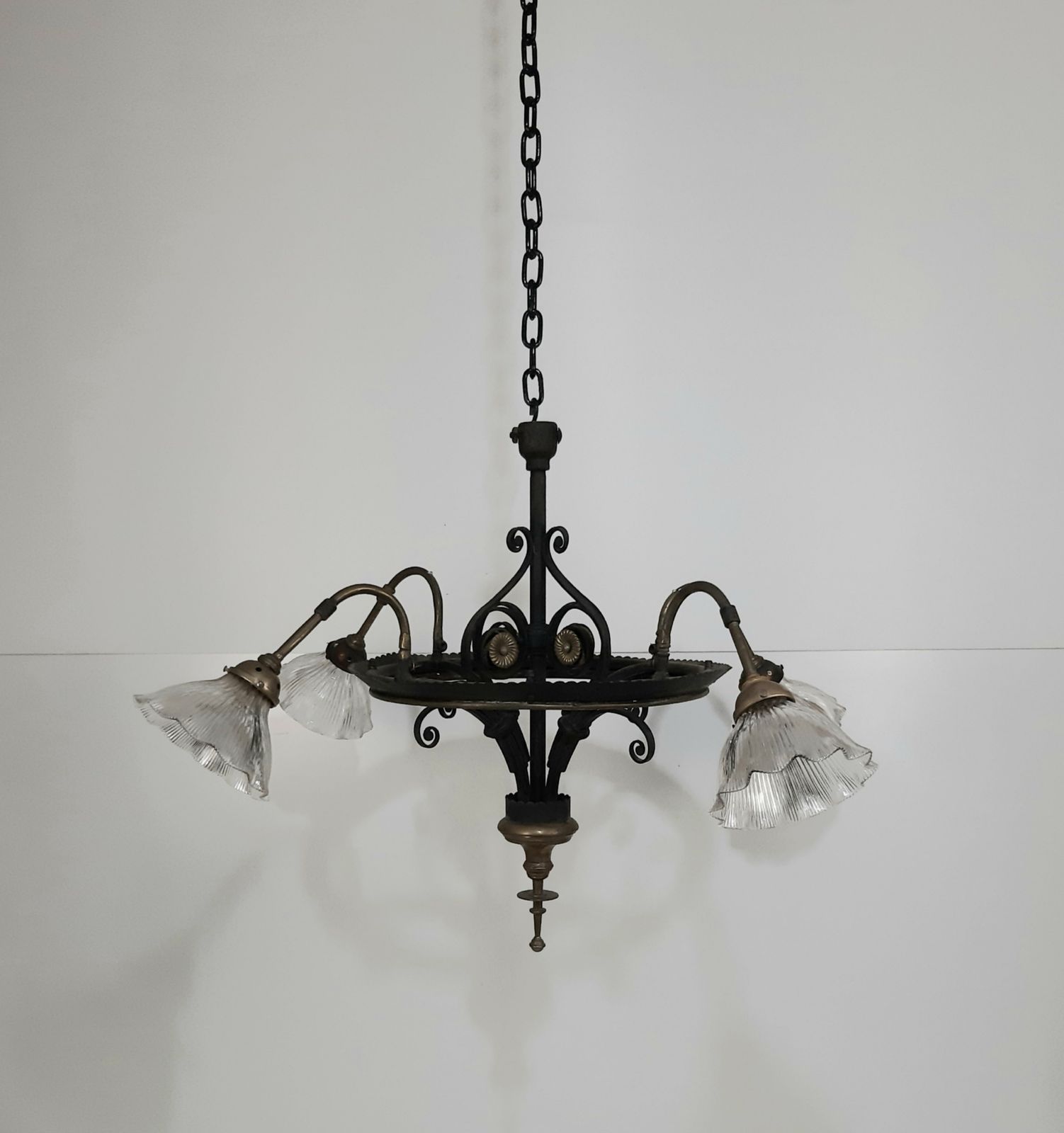 Victorian Cast Iron 4 Holophane Chandelier