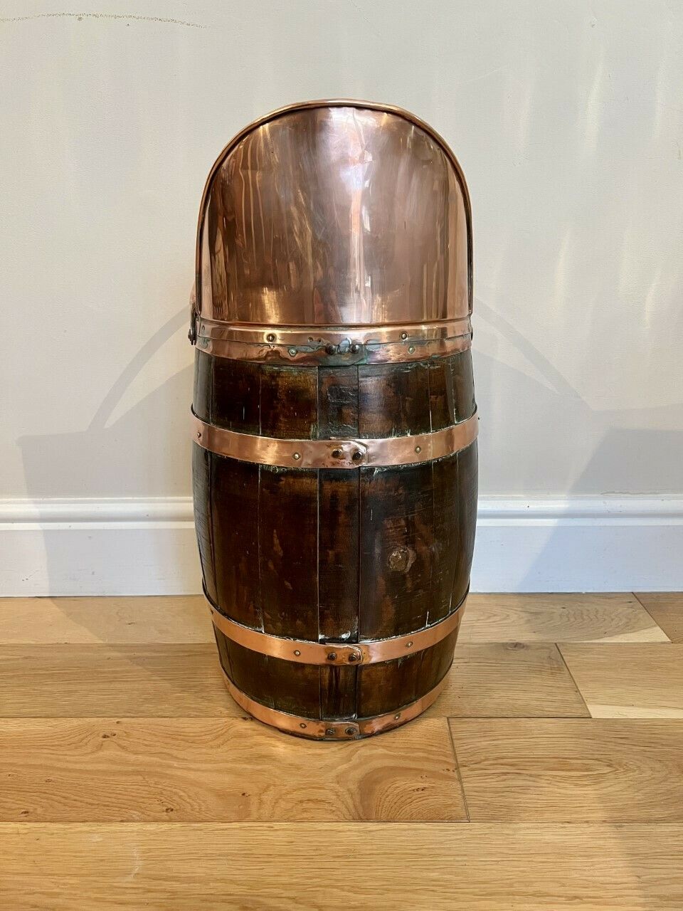 Unusual Edwardian Quality Oak Copper Bounded Coal Bucket photo for sale