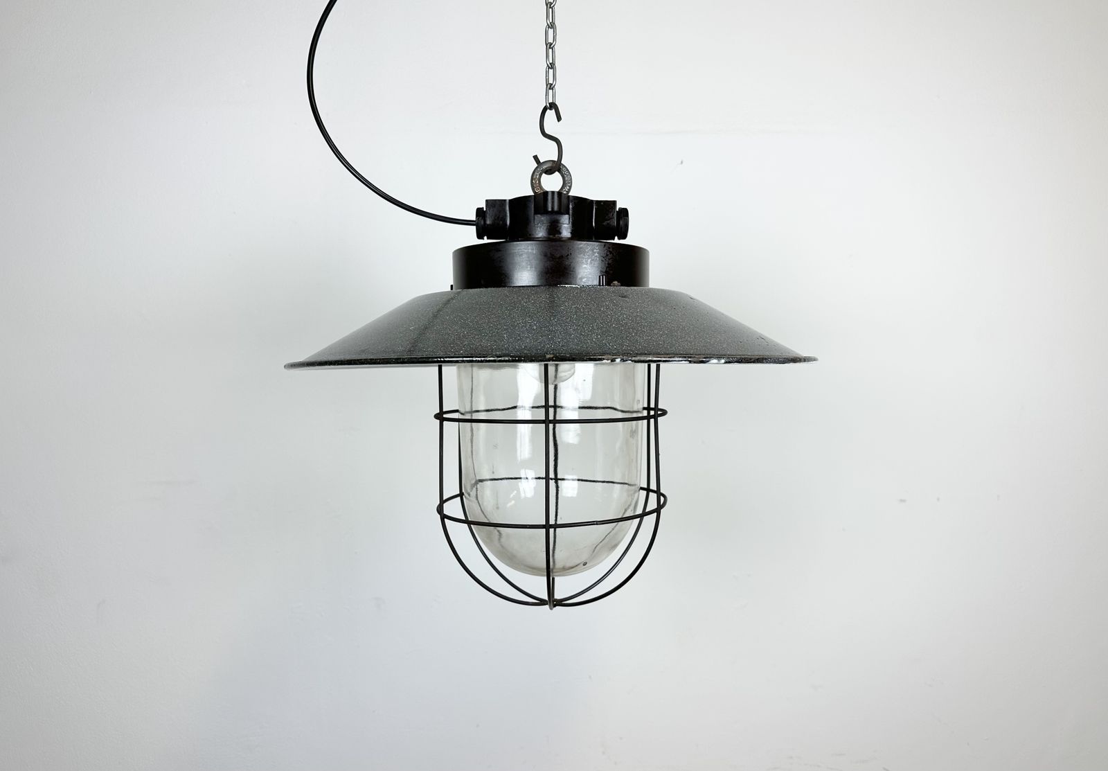 Industrial Grey Enamel Factory Hanging Cage Lamp, 1960s, 20x photo vinterior