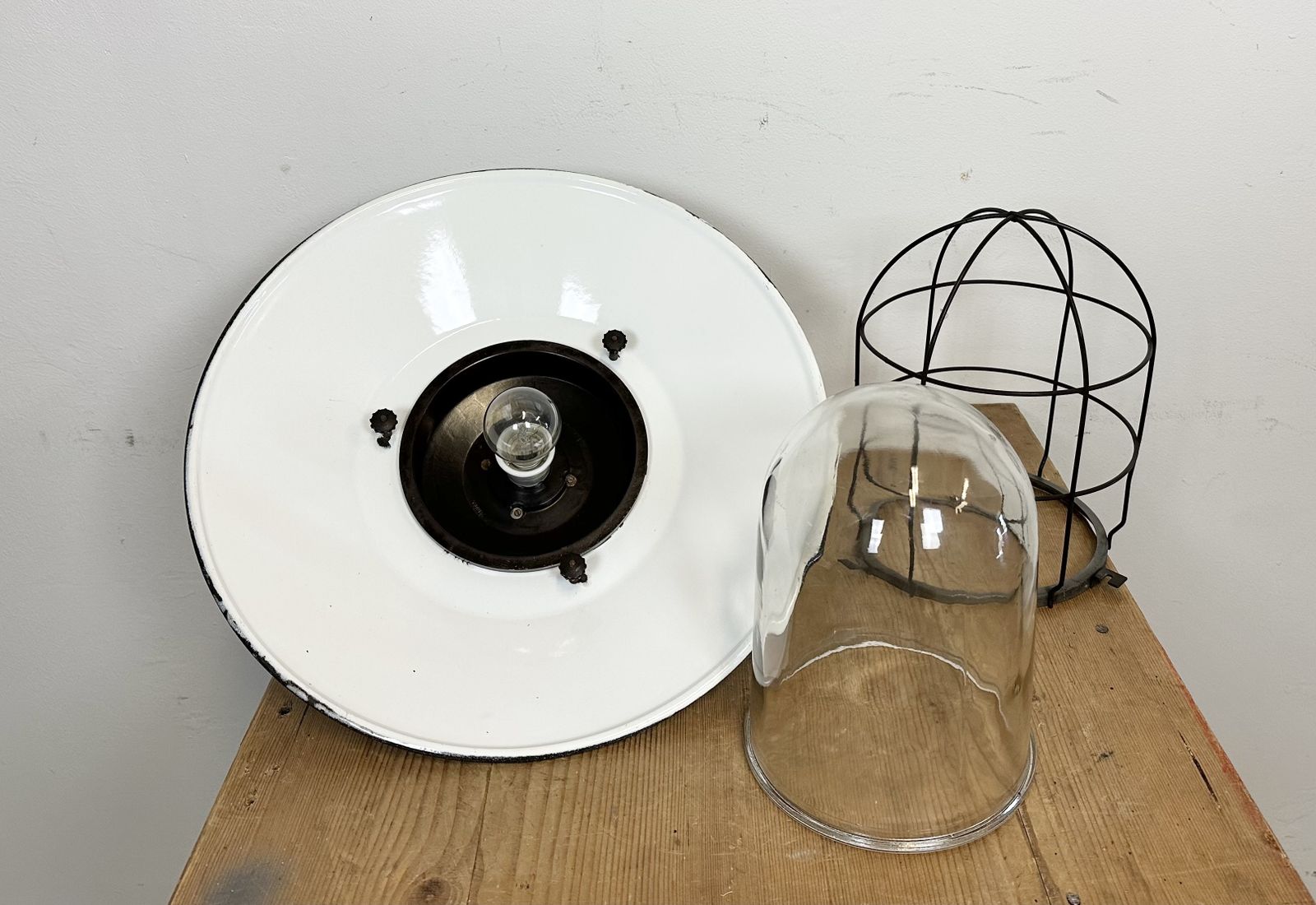 Industrial Grey Enamel Factory Hanging Cage Lamp, 1960s, 20x photo vintage