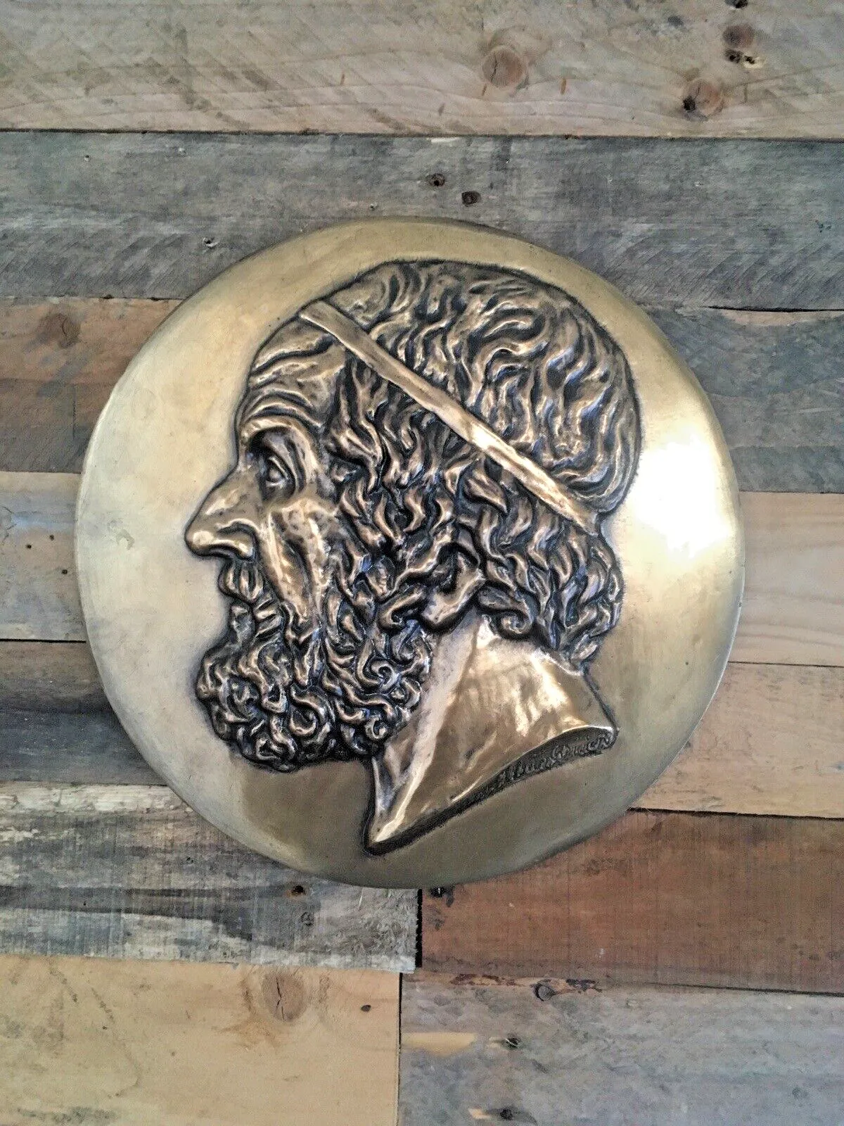 Decorative Antique Bronze Wall Plaque Of Greek Poet Homer Bearded Male Head Face