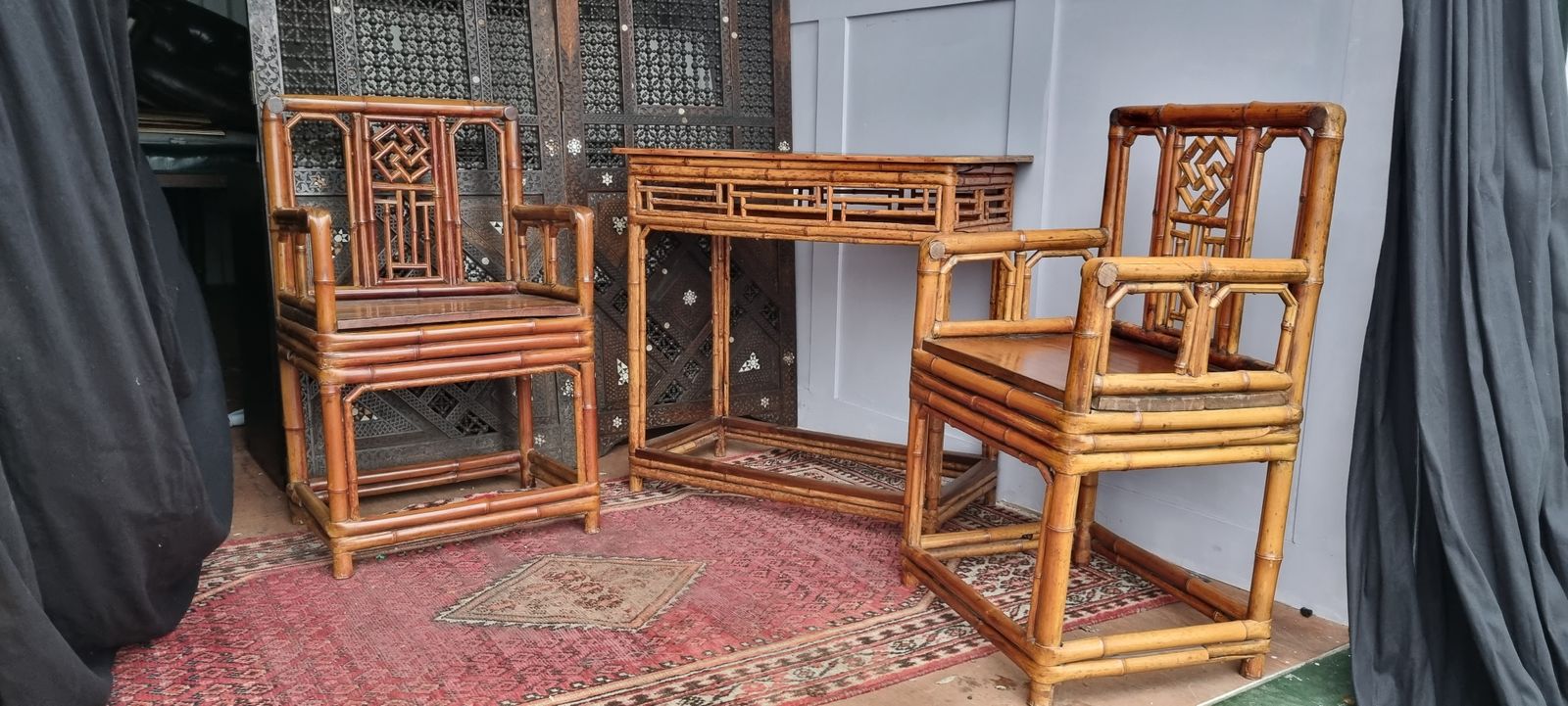 19th Century Chinese Bamboo Brighton Pavillion Chairs And Side Table photo furniture