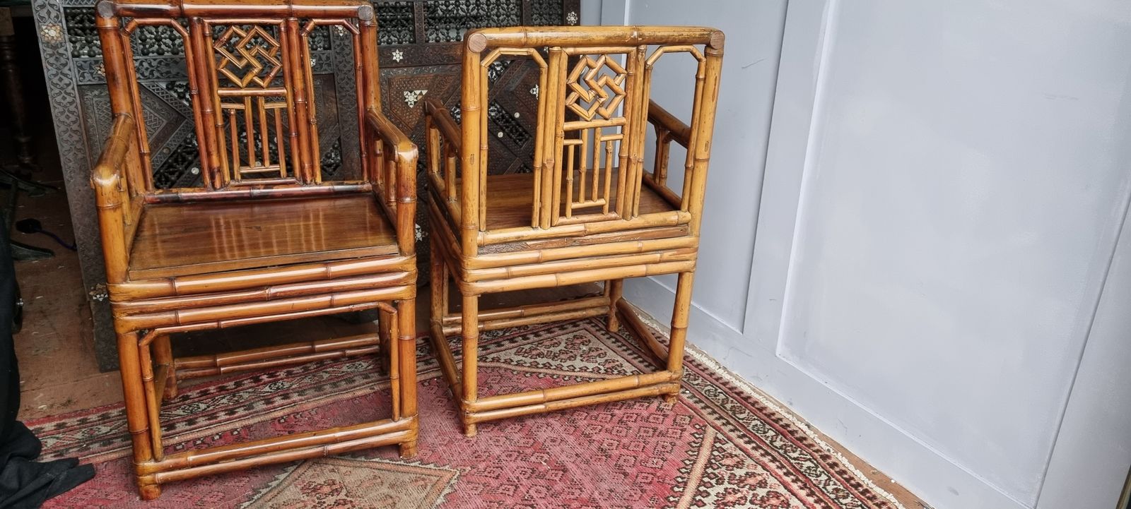 19th Century Chinese Bamboo Brighton Pavillion Chairs And Side Table photo buy
