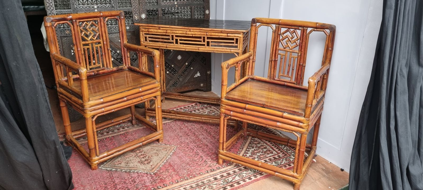 19th Century Chinese Bamboo Brighton Pavillion Chairs And Side Table photo Furniture