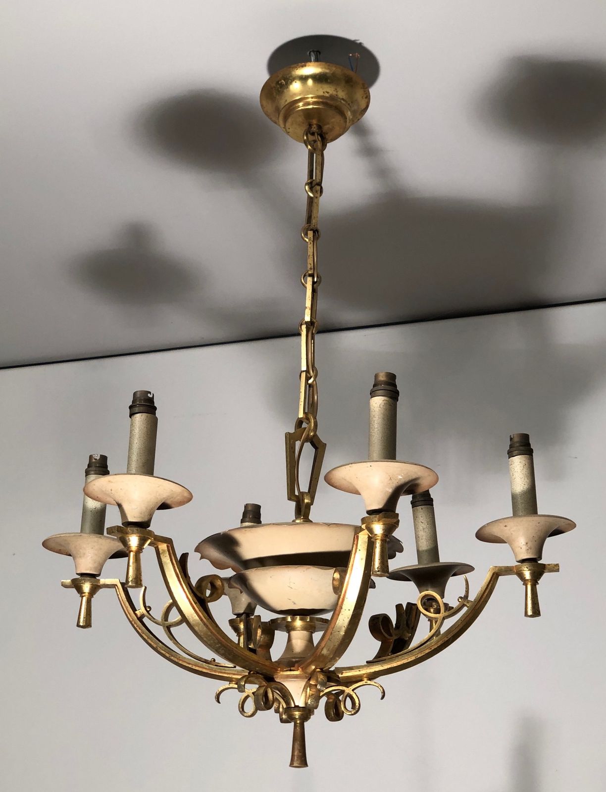 photo for sale Chandelier In Lacquered Metal And Brass. Around 1940