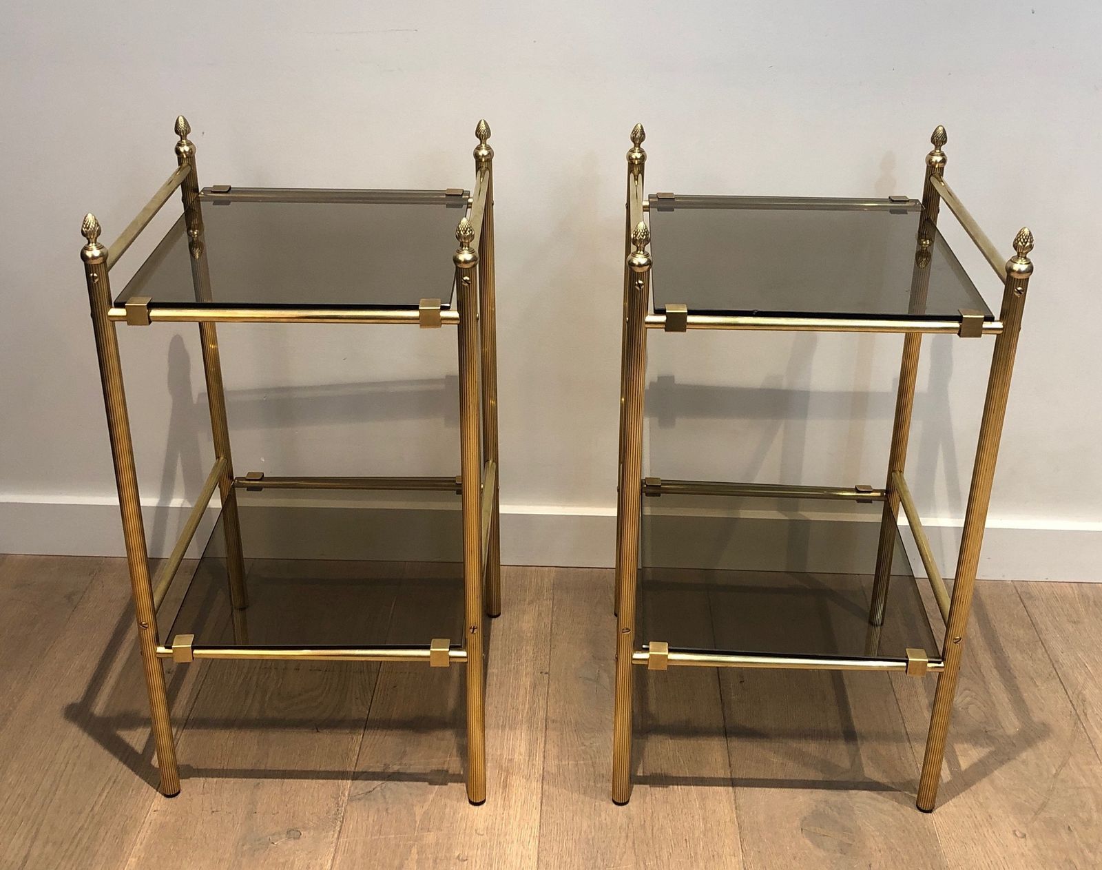 Pair Of Side Tables In Brass And Trays Of Smoked Glasses In The Style Of Maison Baguès photo furniture