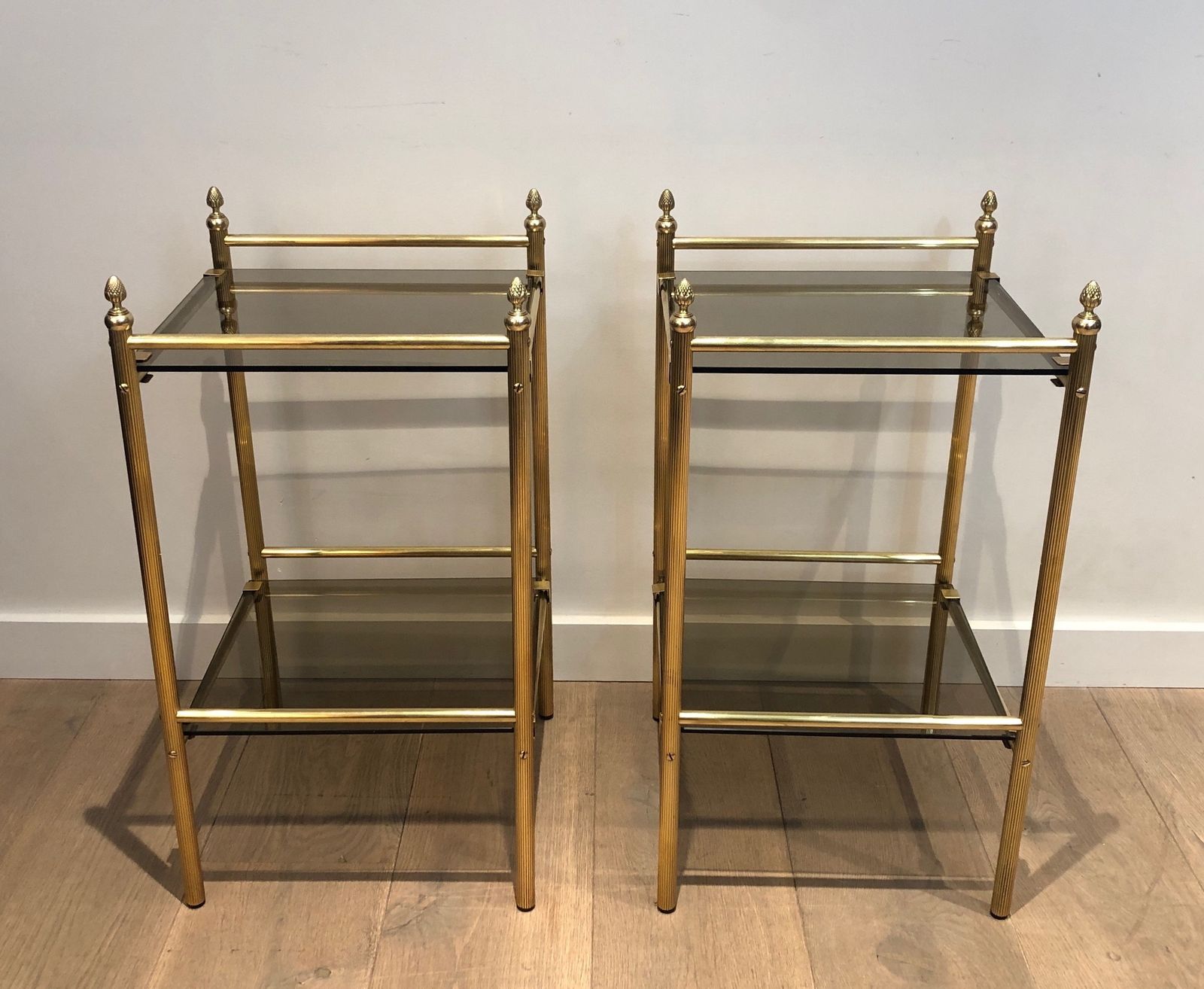 Pair Of Side Tables In Brass And Trays Of Smoked Glasses In The Style Of Maison Baguès photo for sale
