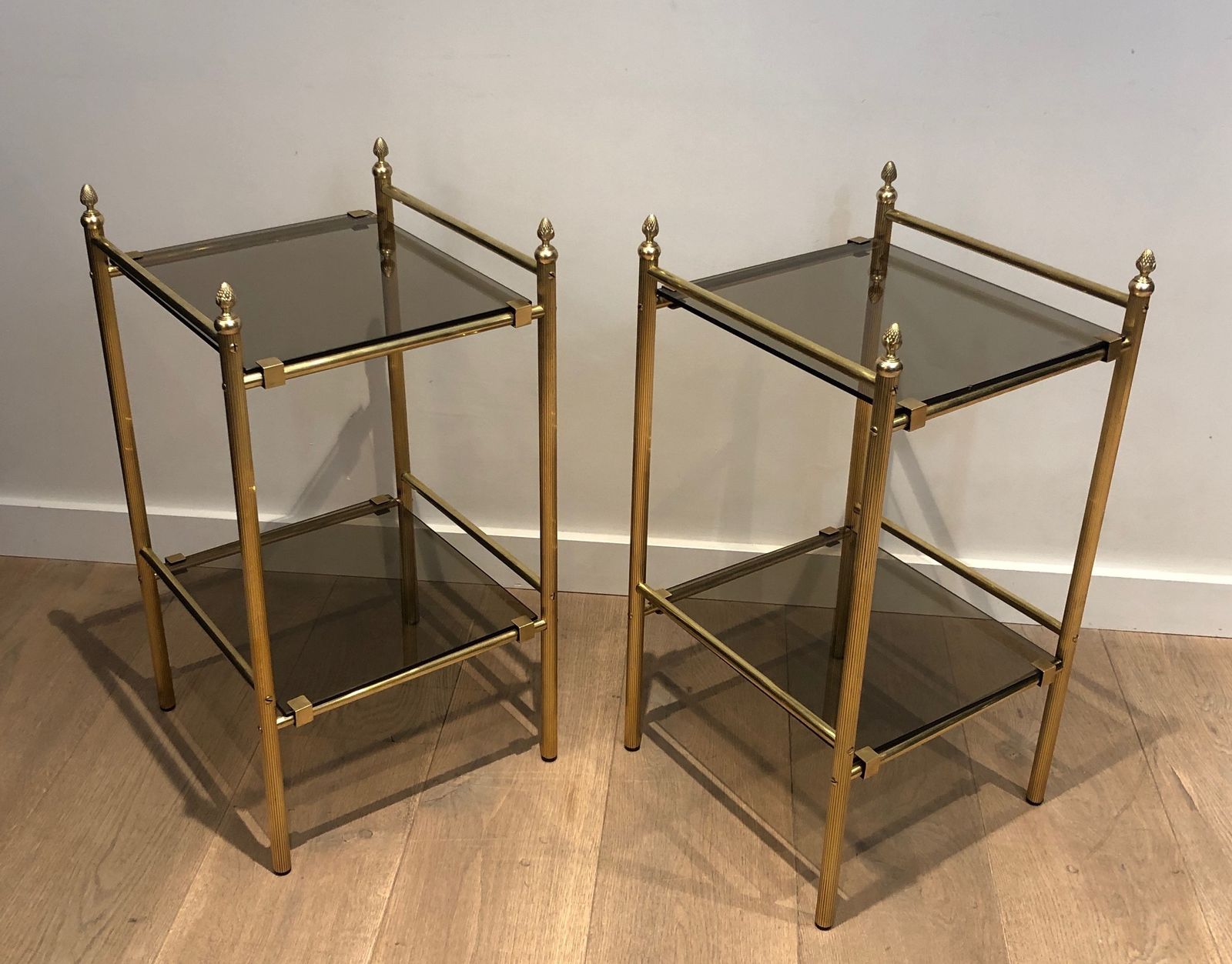 Furniture Pair Of Side Tables In Brass And Trays Of Smoked Glasses In The Style Of Maison Baguès photo