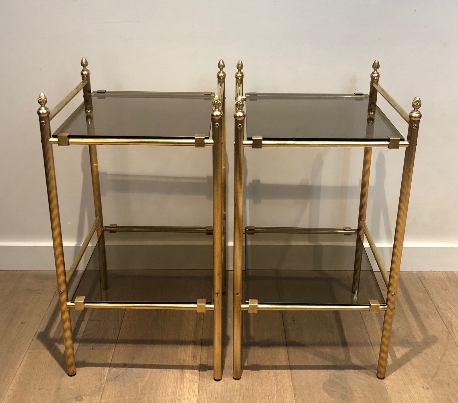 photo vinterior Pair Of Side Tables In Brass And Trays Of Smoked Glasses In The Style Of Maison Baguès