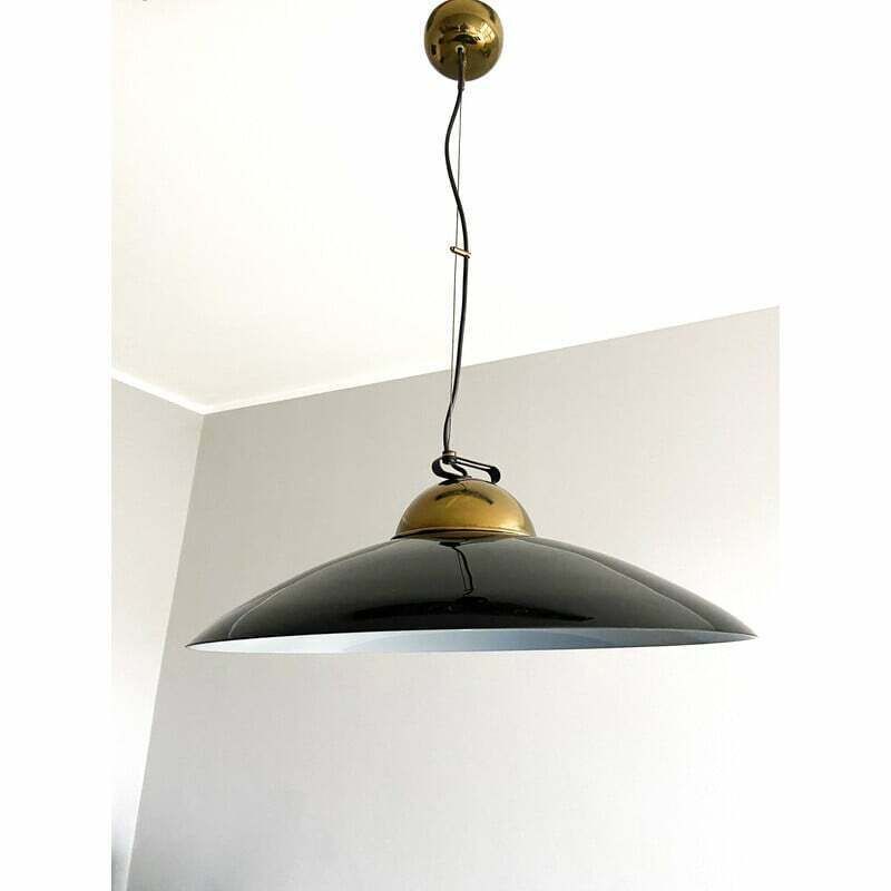 Vintage Chandelier In Brass And Black Lacquered Metal, Italy 1970 photo vinterior