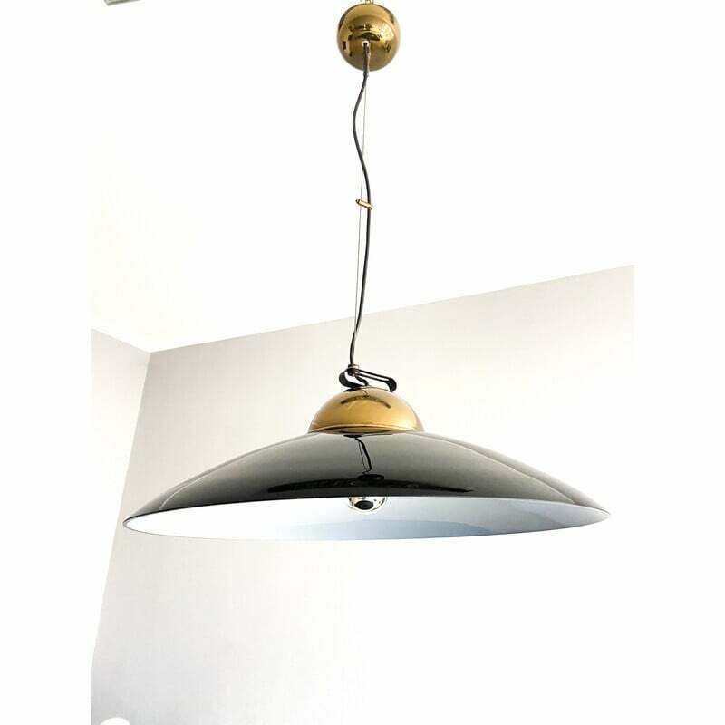 Vintage Chandelier In Brass And Black Lacquered Metal, Italy 1970 photo buy