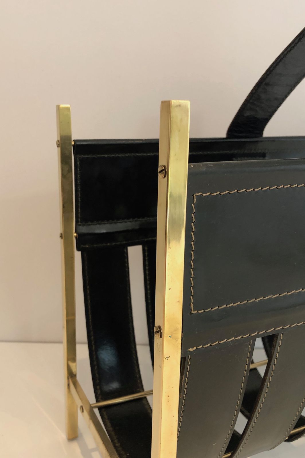 Brass And Leather Magazine Rack Representing A Handbag. Work Of Jacques Adnet. Around 1940 photo buy