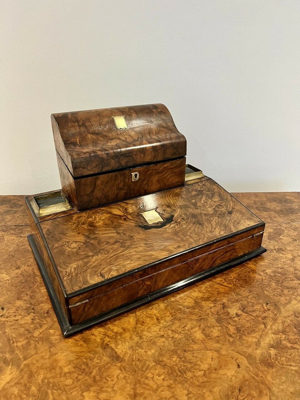 Unusual Victorian Quality Burr Walnut Writing Box