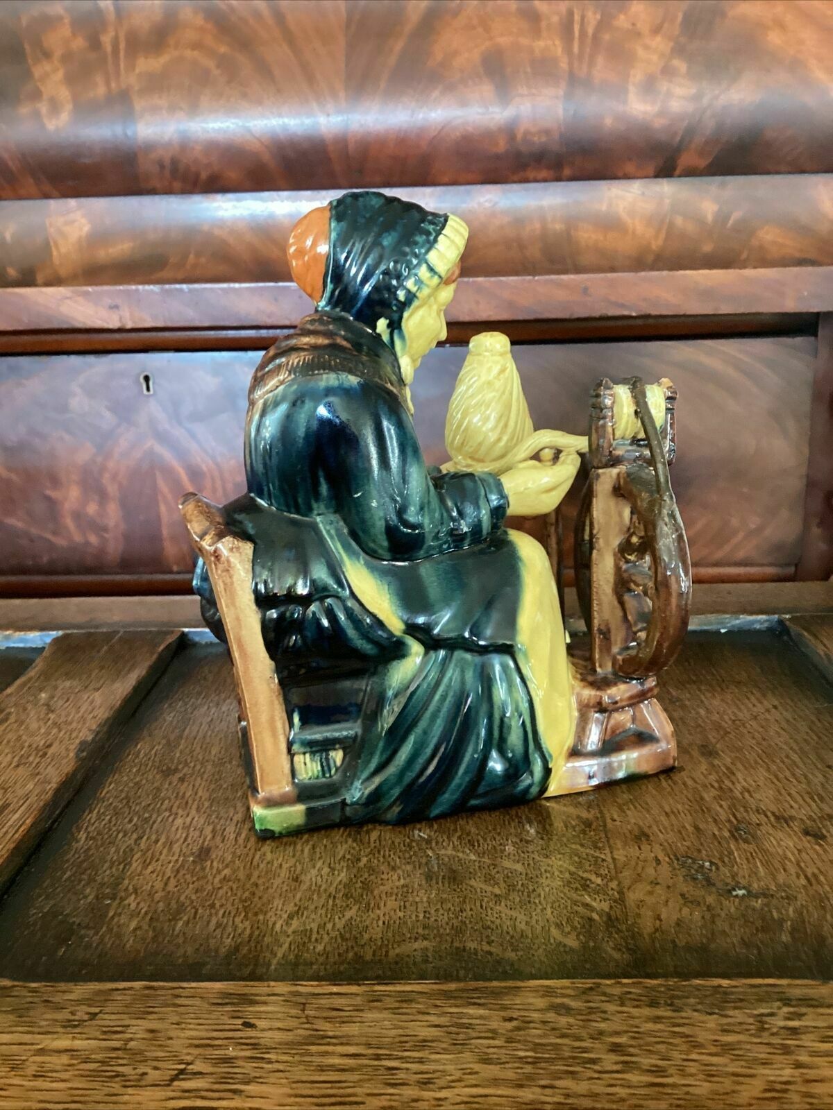 photo furniture Early 20th C Continental Bisque Pottery Figurine. Dutch Woman Spinning Yarn