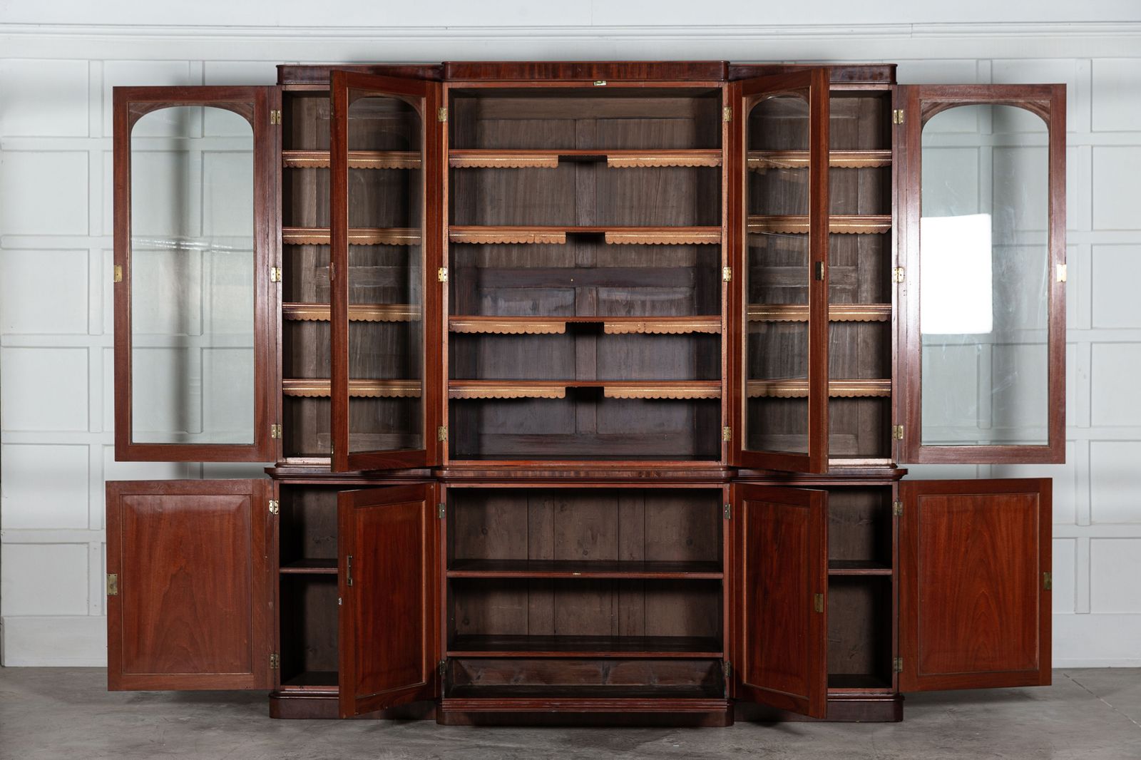 Large 19thc English Mahogany Glazed Breakfront Bookcase photo furniture