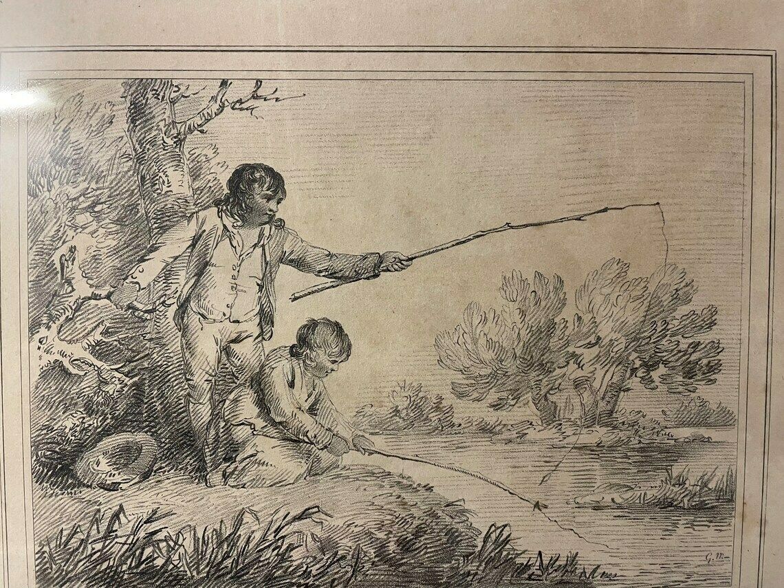 photo for sale George Morland Ultra Rare Soft Etching Two Boys Fishing Published By John P Thompson From Morland Sketch Book