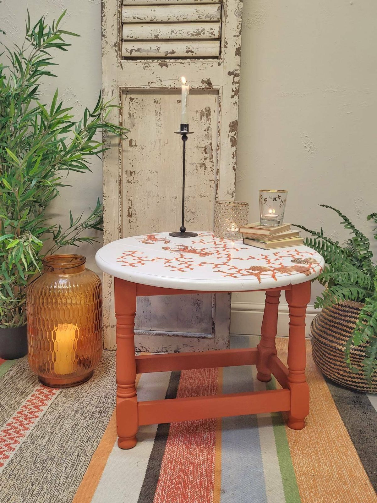 Coffee Table   Occasional Table Side Table Folding Table Nautical Style Lobster Coral   Shells Orange Decoupage Design photo vinterior