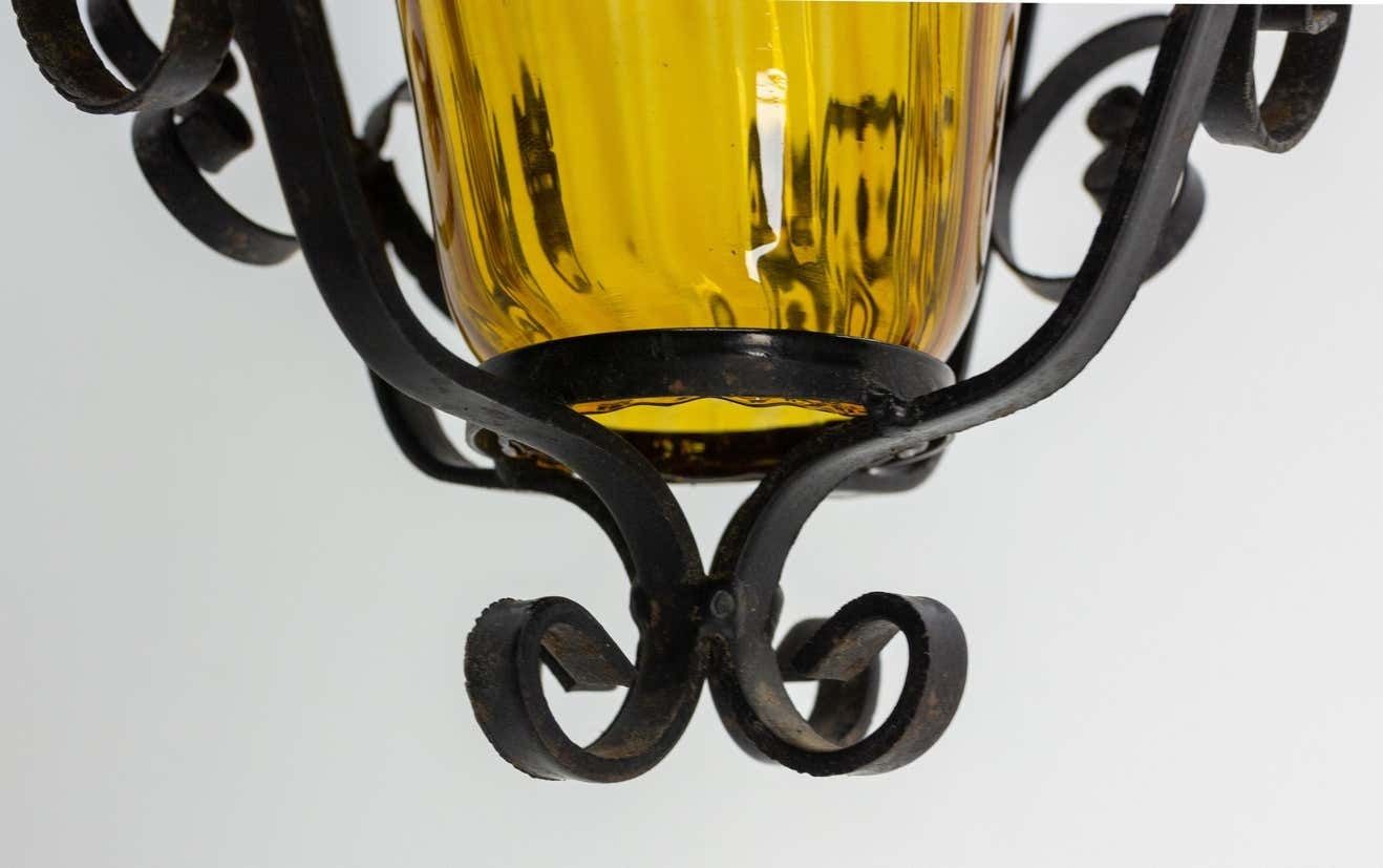 French Ceiling Lamp Wrought Iron And Colored Glass Pendant Lustre, Circa 1960 photo vinterior