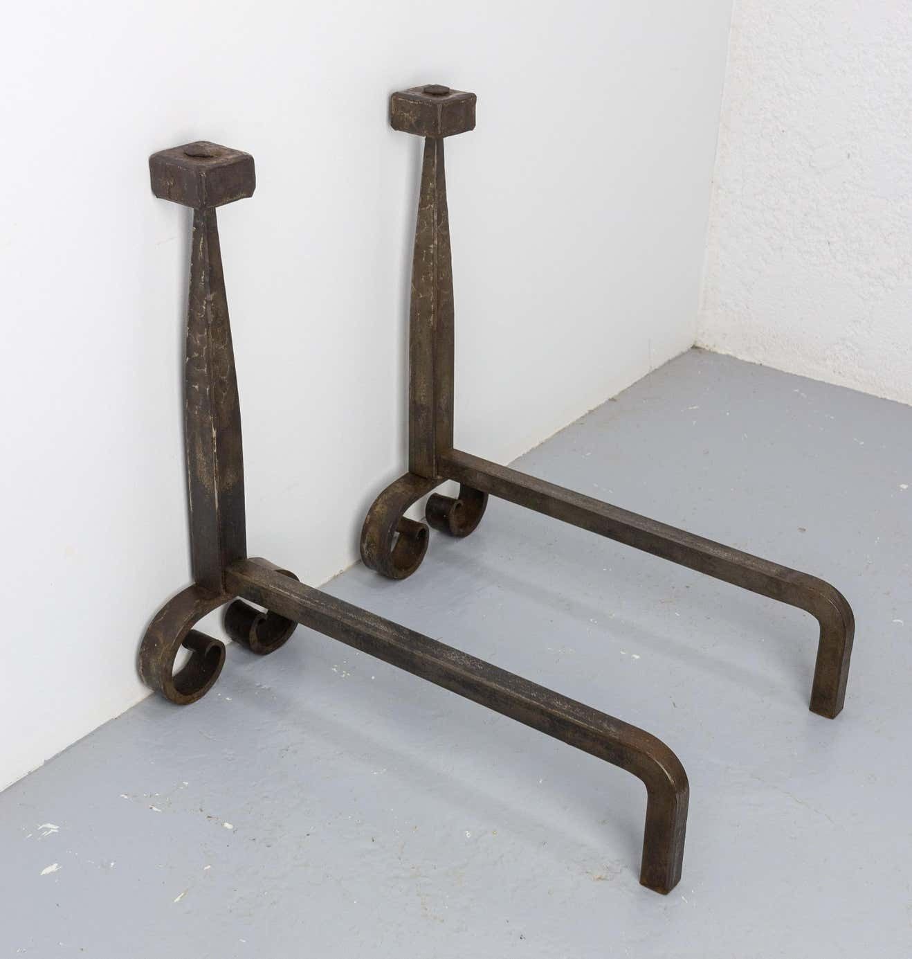 Pair Of Fireplace Andirons Wrought Iron Firedogs, France, Circa 19600 photo for sale