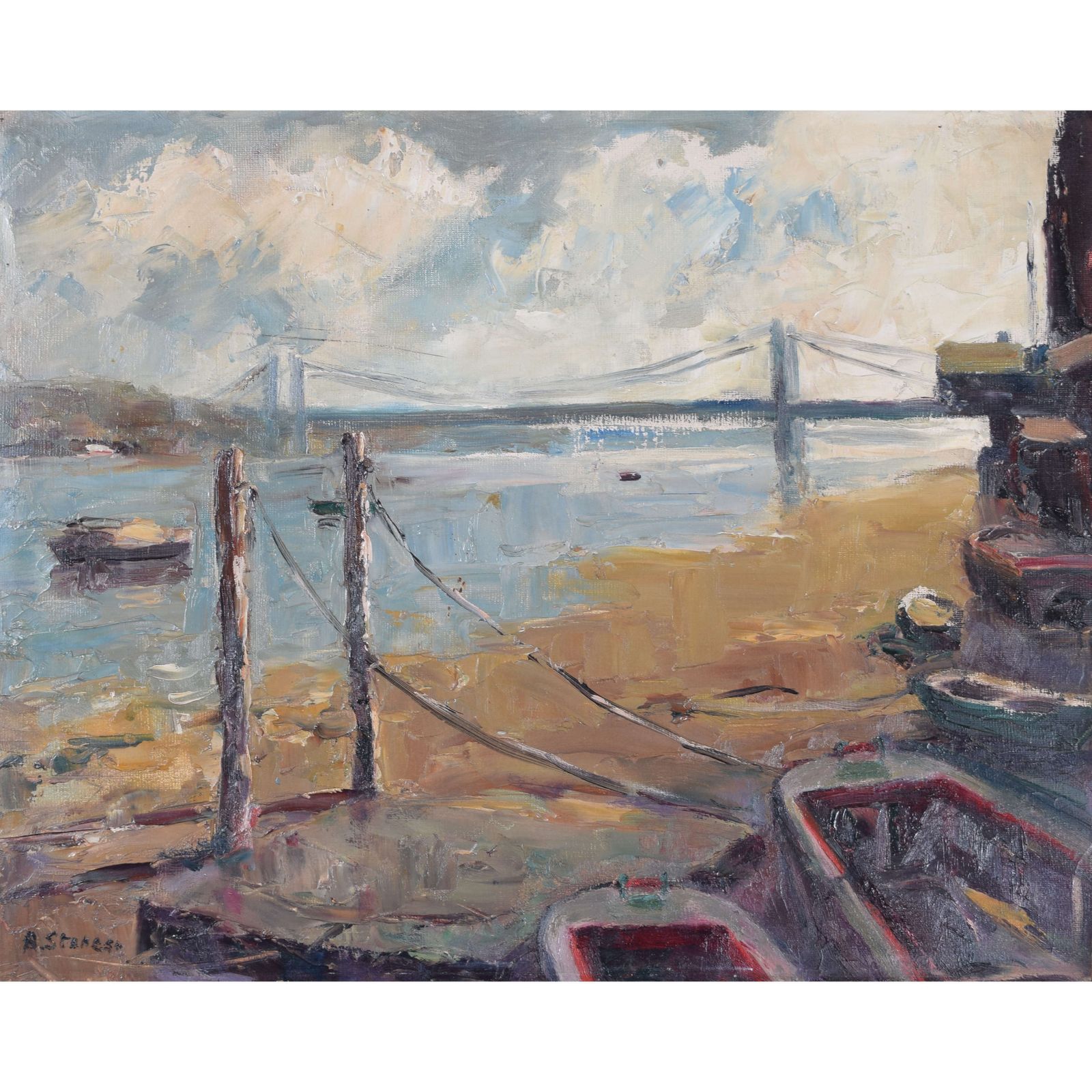 View From Battersea Bridge Mid Century Oil Painting By Angela Stones photo furniture