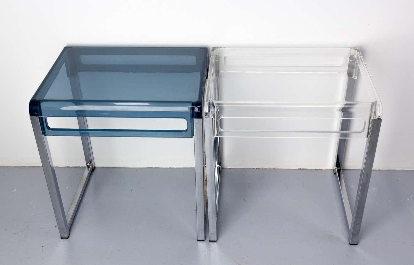 French Pair Of Polycarbonate & Chrome Coffee Table Or Nightstand Table, C. 1980 photo for sale