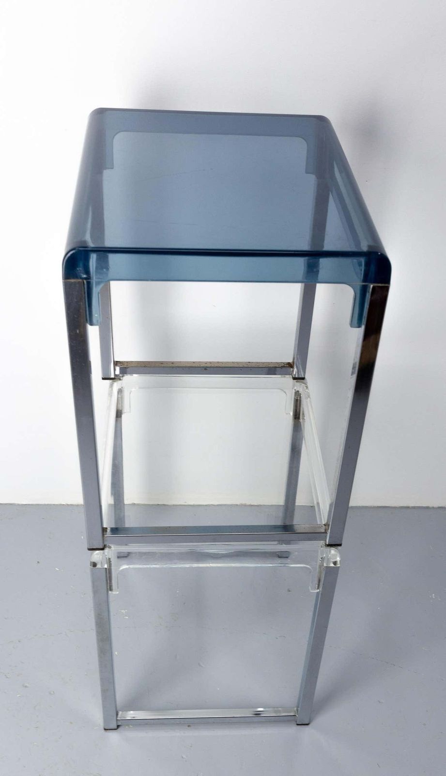 French Pair Of Polycarbonate & Chrome Coffee Table Or Nightstand Table, C. 1980 photo buy