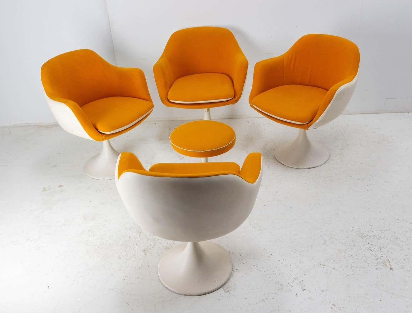 photo furniture Two Mid Century French Armchairs Metal Tulip Foot With Stool To Recover