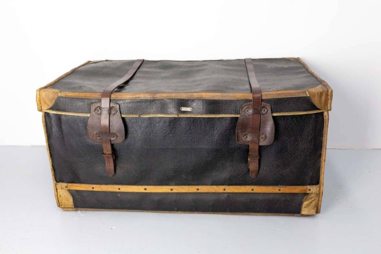 French Leather Trunk With Original Train Labels Paris To Chantilly, Late 19th C photo for sale