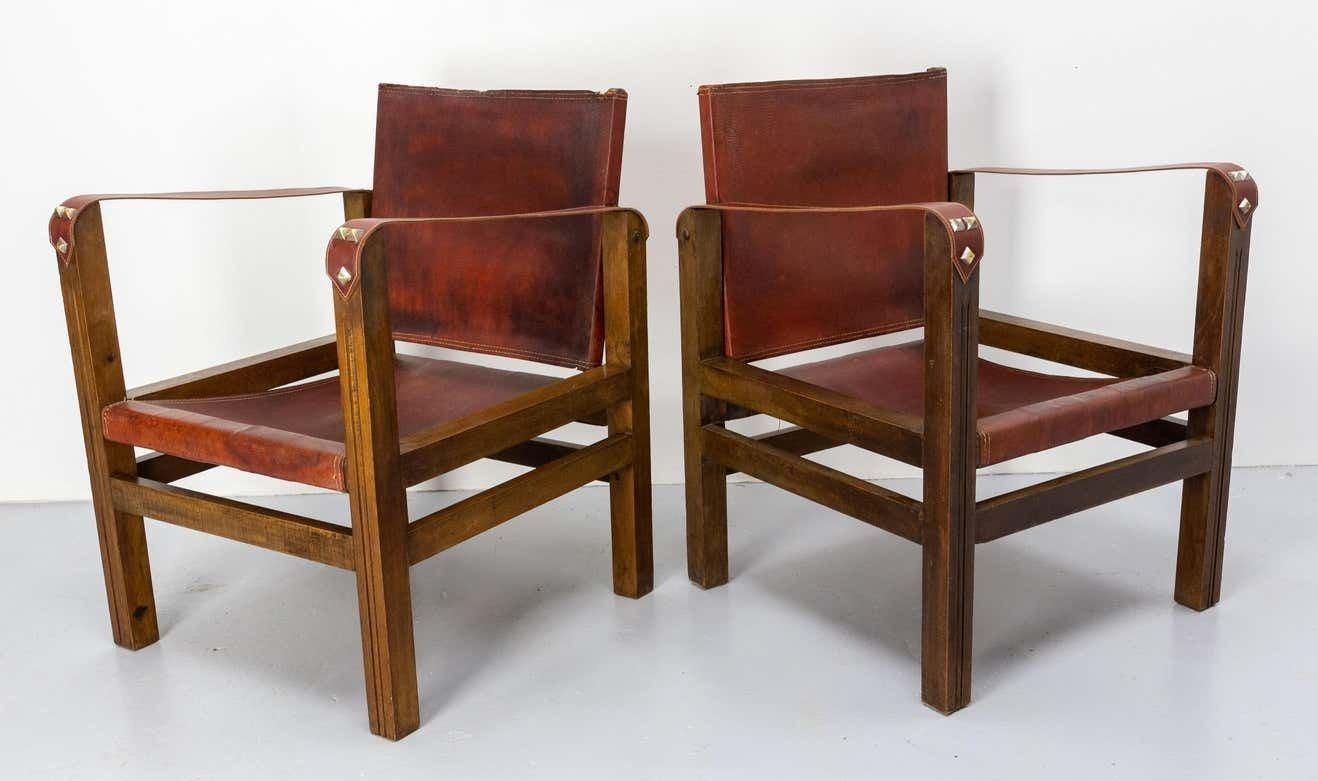 Pair Of Fauteuils Open Armchairs French Leather And Beech Safari Style, C. 1940 photo Furniture