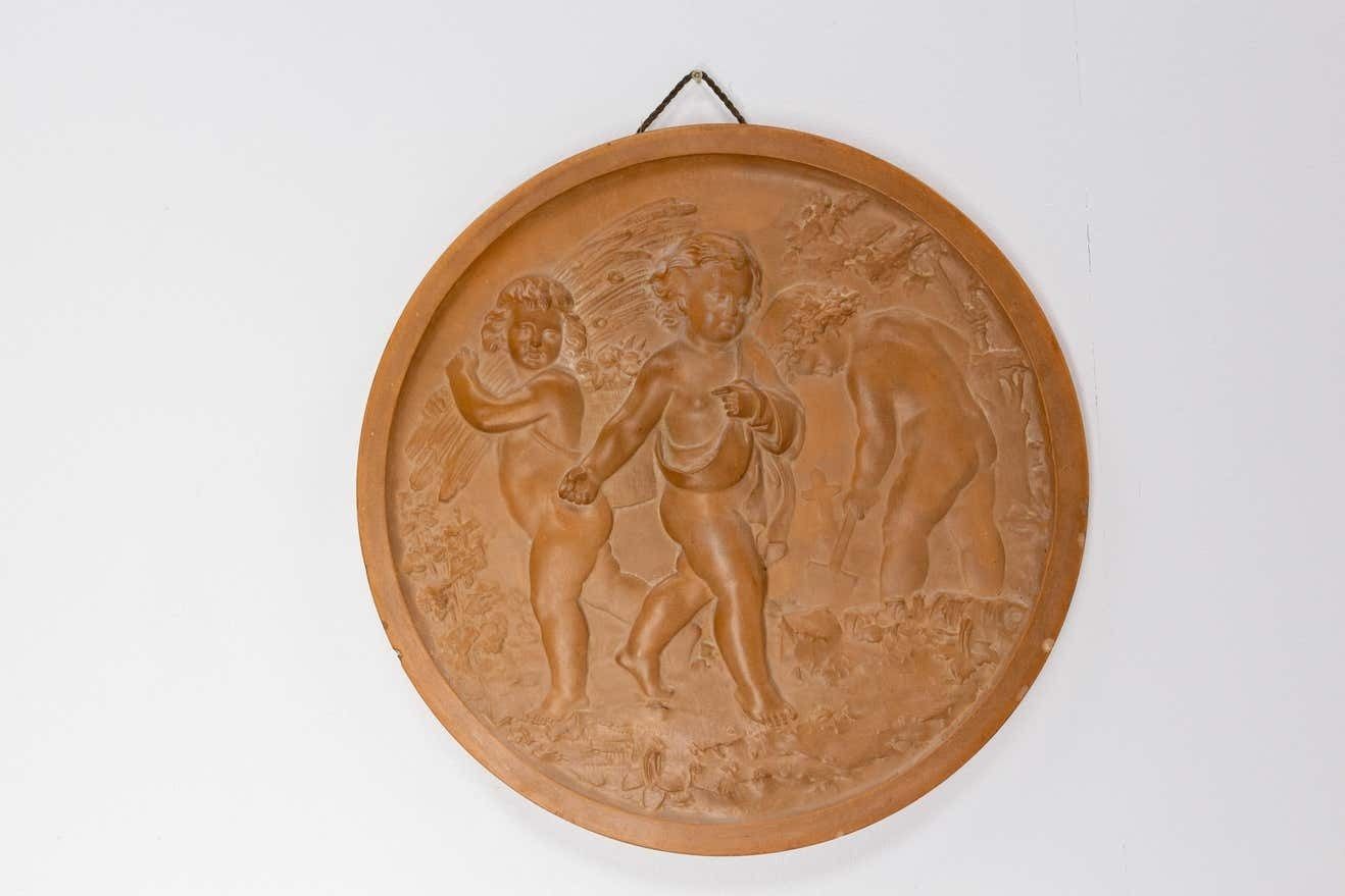 Wall Plaque Sculpture Medallion Three Putti In Agricultural Scenes, Circa 1920 photo furniture