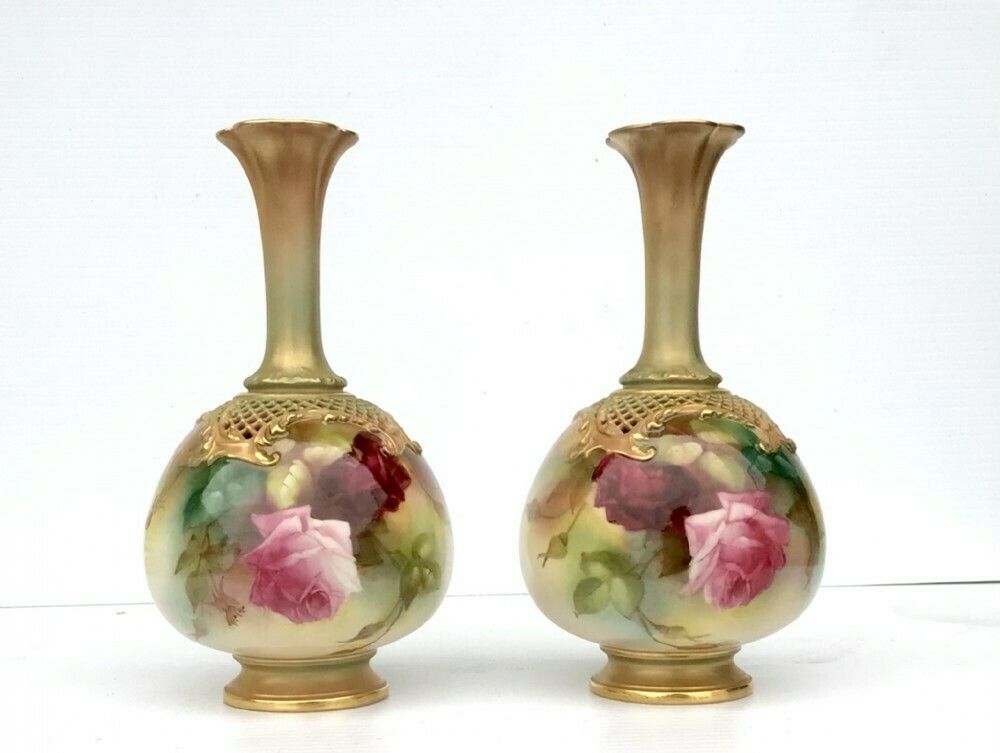 Fine Pair Of Royal Worcester Rose Painted Vases
