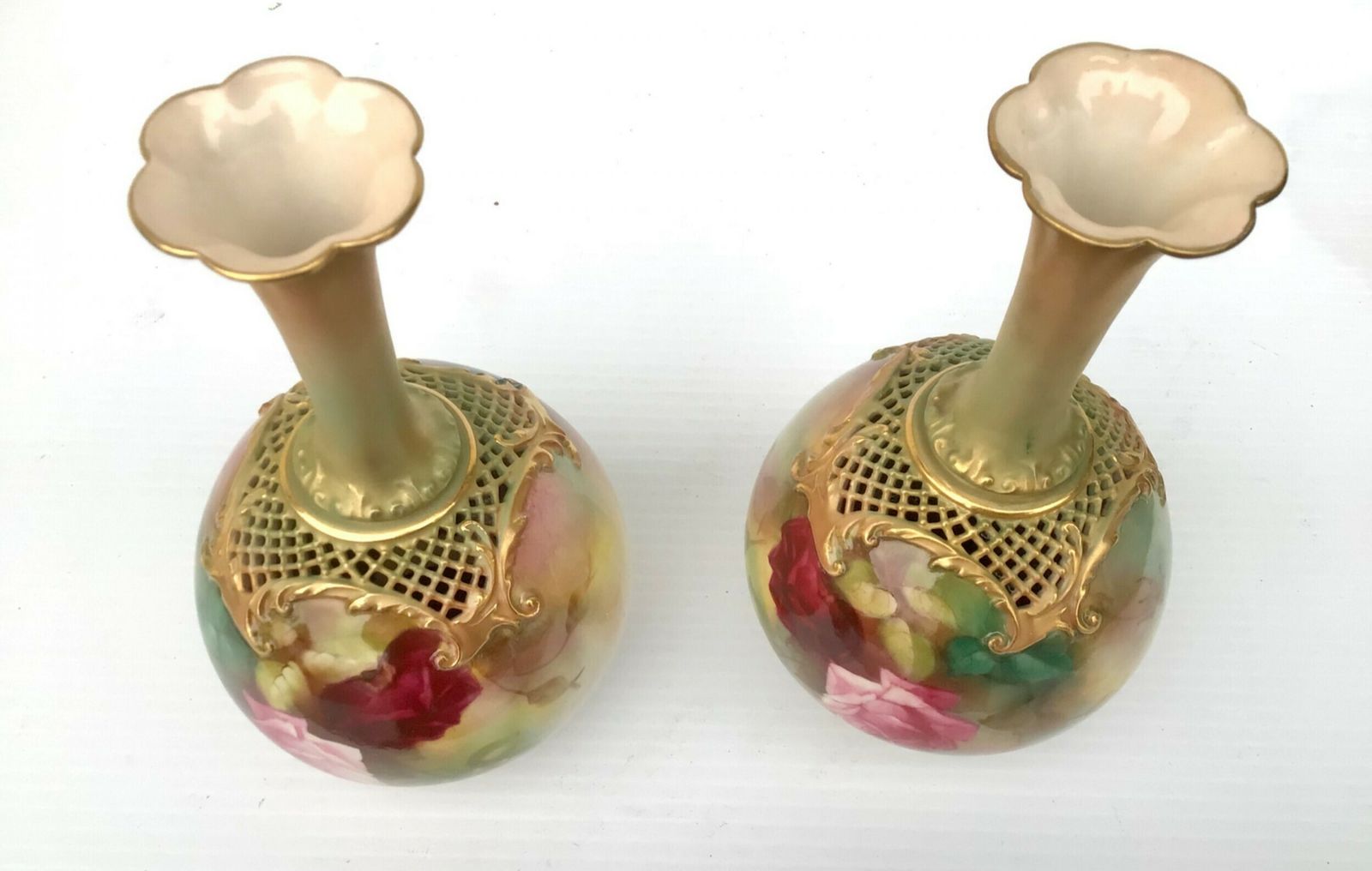 Fine Pair Of Royal Worcester Rose Painted Vases photo for sale