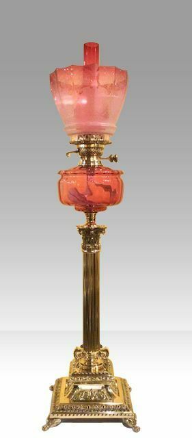 Superb Tall Antique Brass Corinthian Column Cranberry Oil Lamp photo furniture