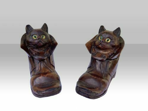 Pair Of Antique Black Forest Cat In Boot Inkwells