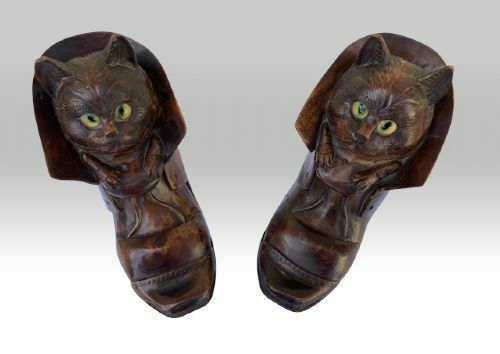 Pair Of Antique Black Forest Cat In Boot Inkwells photo furniture