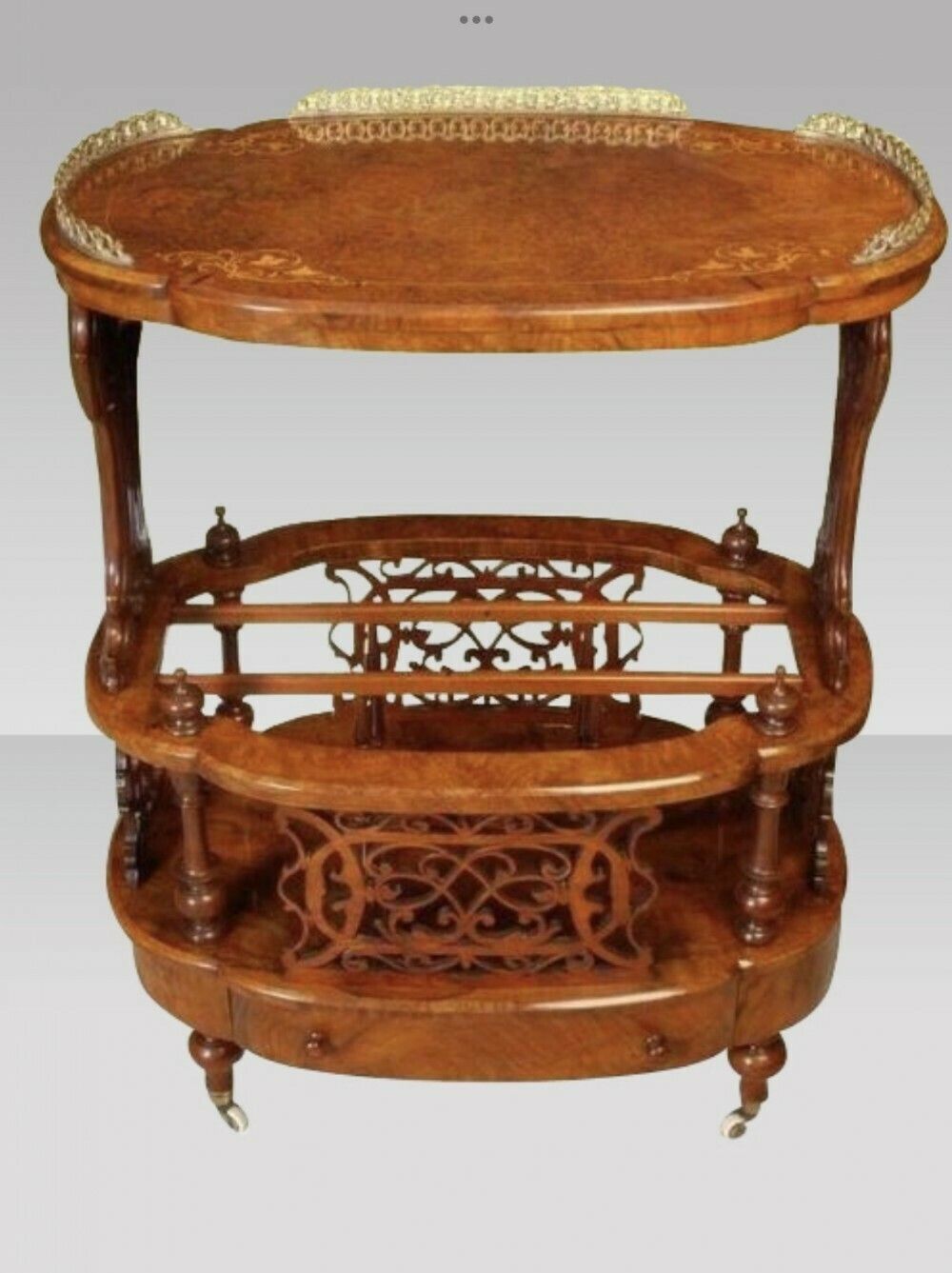 Magnificent Inlaid Burr Walnut Oval Antique Canterbury Lamp Table photo furniture