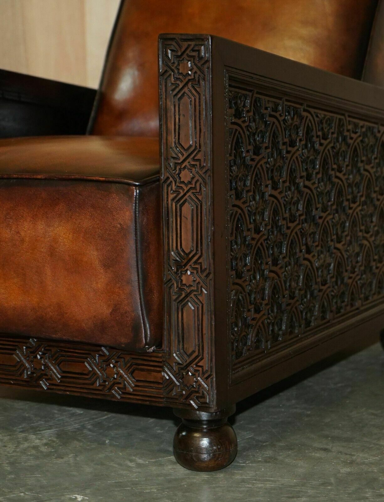 Furniture Fine Pair Of Fully Restored Antique Art Deco Armchairs Hand Carved Carved Panels photo