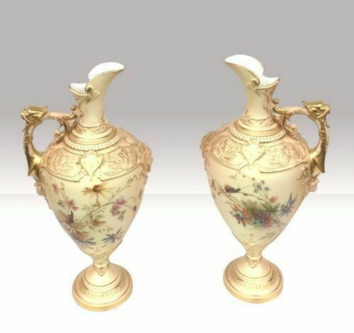 Pair Of Antique Royal Worcester Blush Ivory Pedestal Vases,Ewers photo for sale