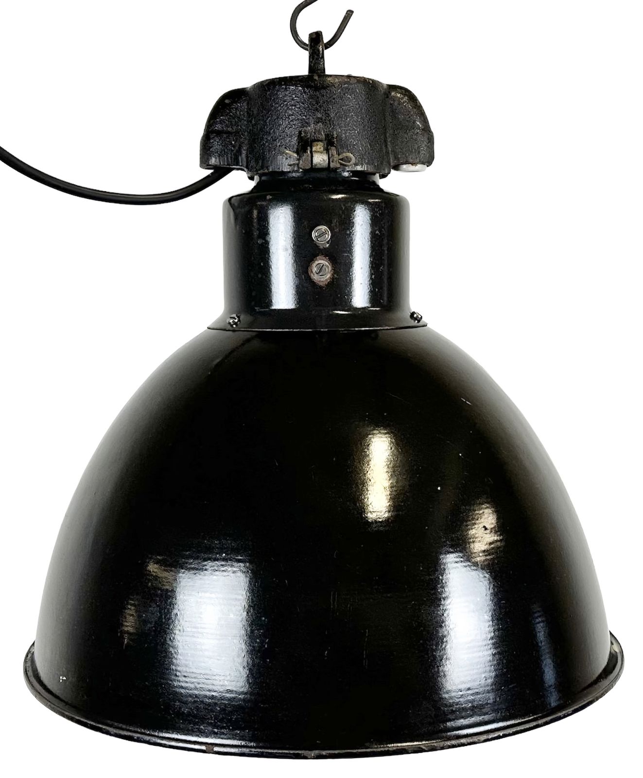 Bauhaus Black Enamel Factory Pendant Lamp, 1930s, 6x