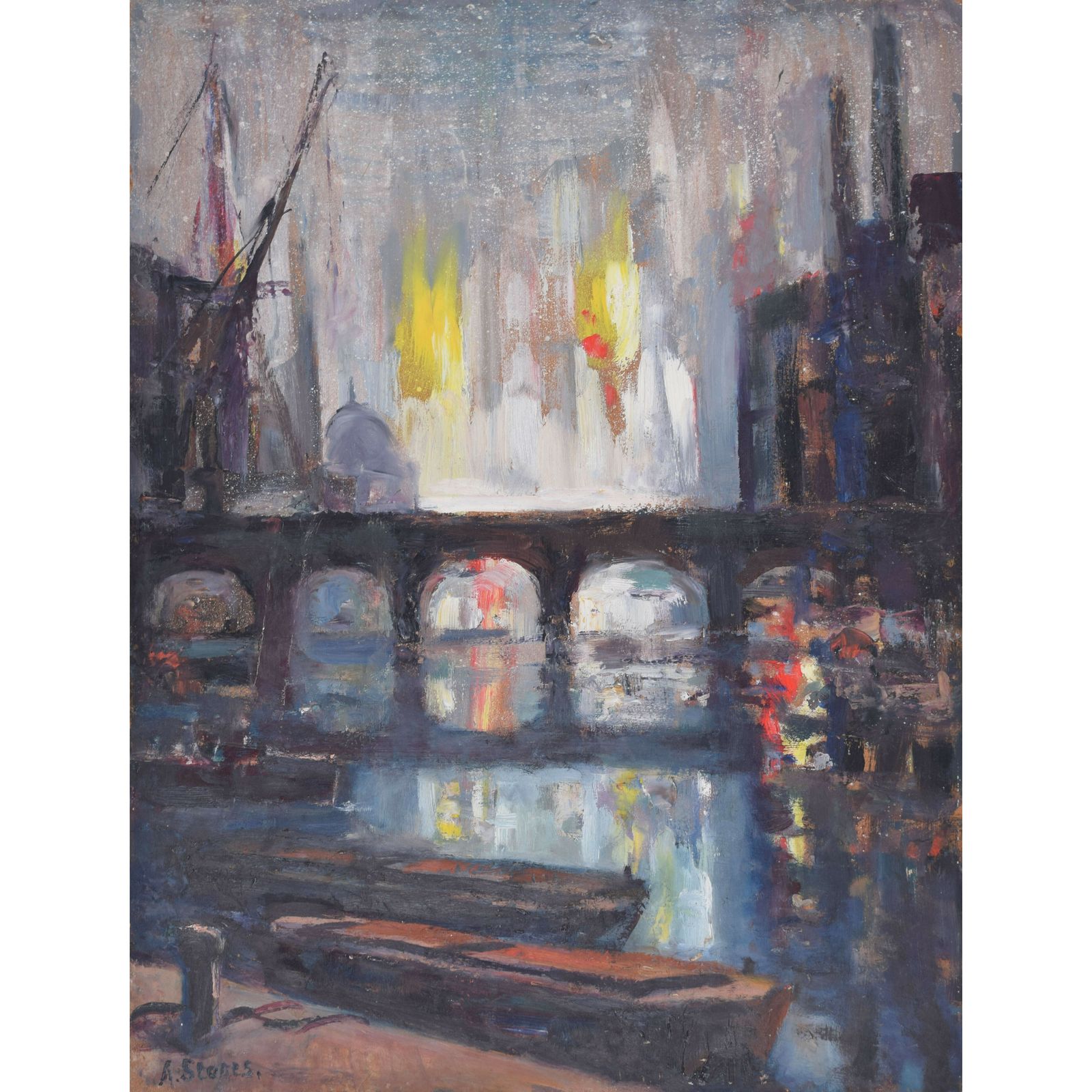 Old London Bridge Fantasia Mid Century Oil Painting By Angela Stones