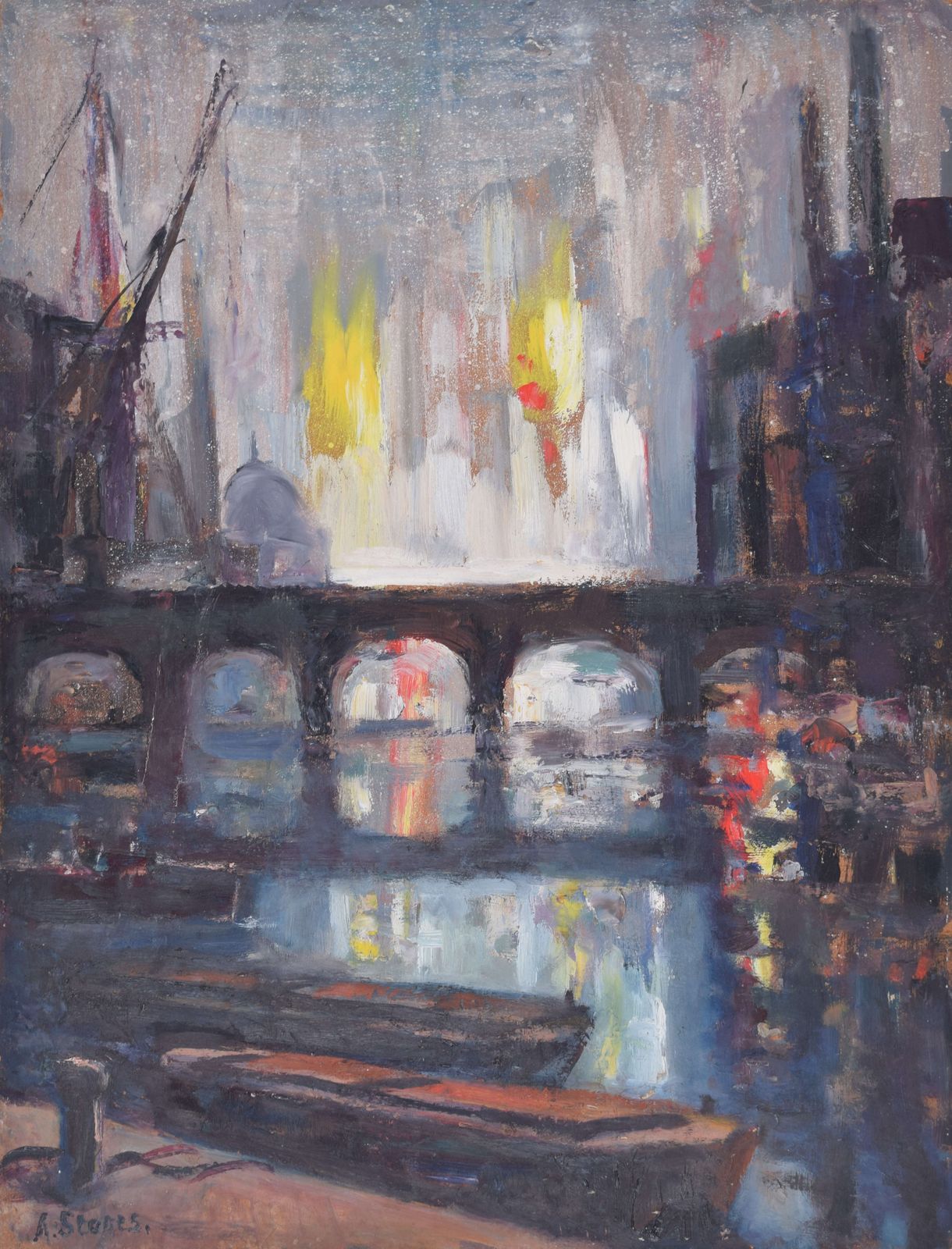 Old London Bridge Fantasia Mid Century Oil Painting By Angela Stones photo vinterior