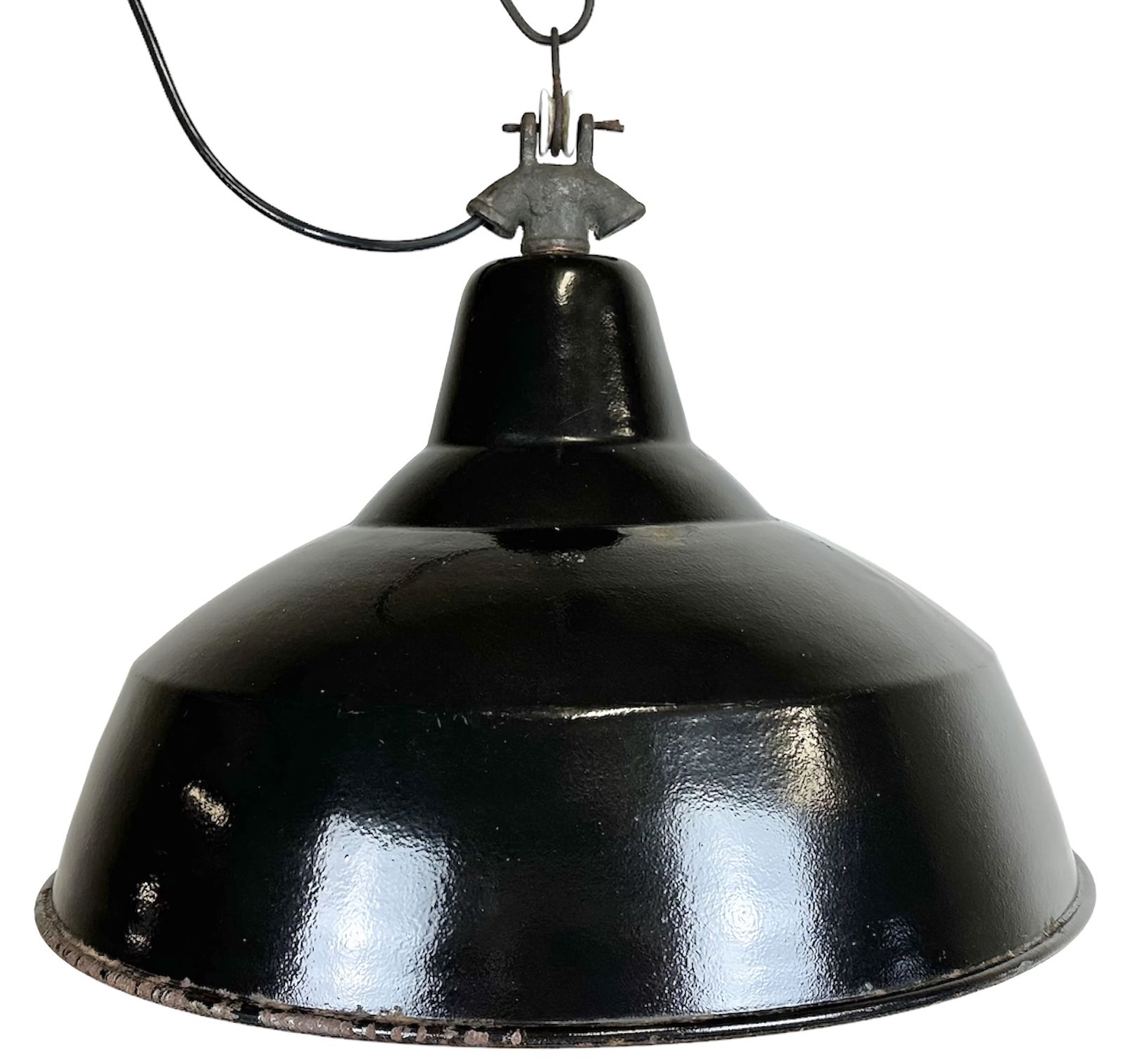 Industrial Black Enamel Factory Lamp With Cast Iron Top, 1950s