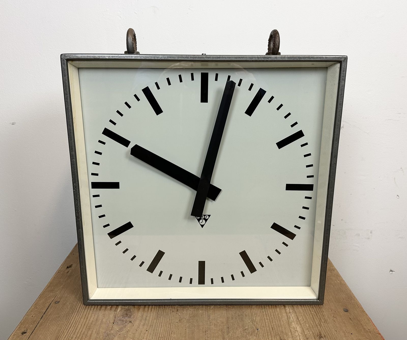 photo furniture Large Square Industrial Double Sided Factory Hanging Clock From Pragotron, 1970s, 4x