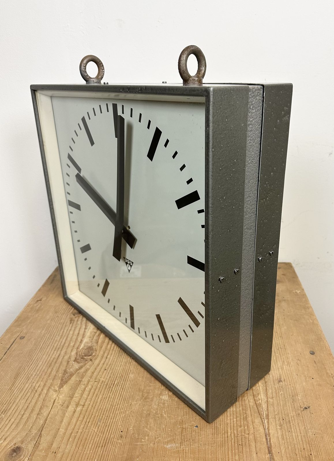 photo for sale Large Square Industrial Double Sided Factory Hanging Clock From Pragotron, 1970s, 4x