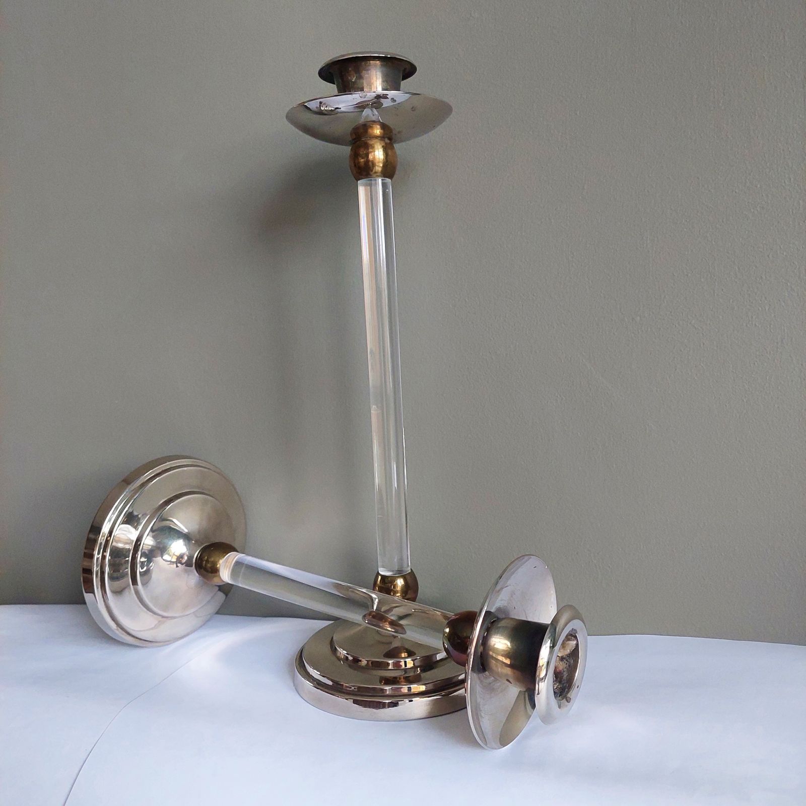 Mid Century Estrid Ericson Pair Of Brass And Plexiglass Candlesticks, Circa 1960 photo for sale
