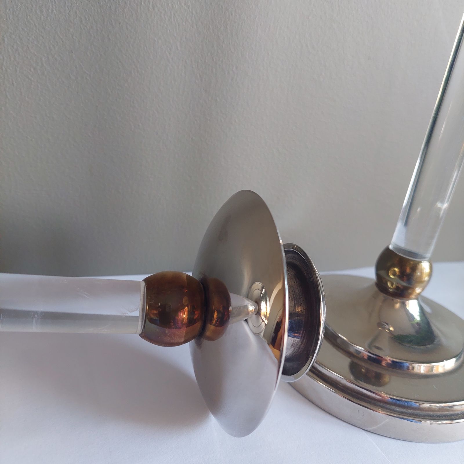 photo for sale Mid Century Estrid Ericson Pair Of Brass And Plexiglass Candlesticks, Circa 1960